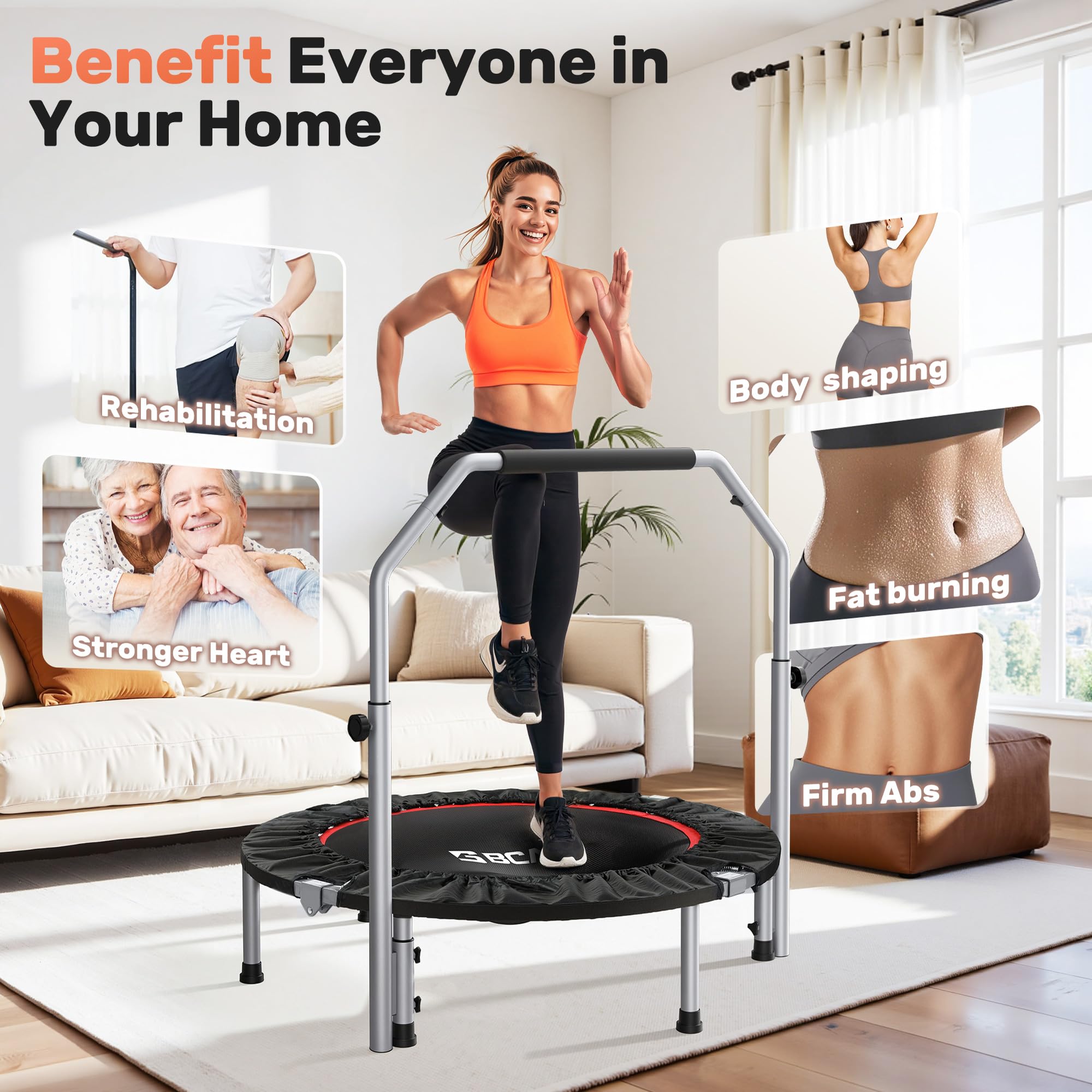 BCAN 40/48" Foldable Mini Trampoline Max Load 330lbs/440lbs, Fitness Rebounder with Adjustable Foam Handle, Exercise Trampoline for Adults Indoor/Garden Workout, Black