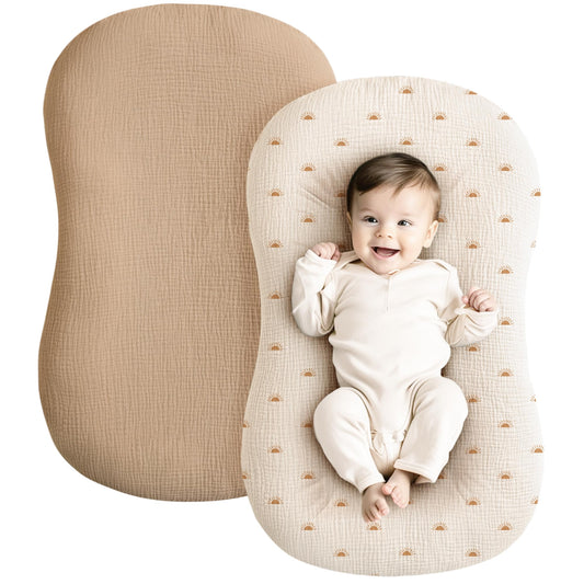 Konssy Muslin Baby Lounger Cover 2 Pack, 100% Cotton Newborn Lounger Cover, Soft and Breathable Lounger Slipcover for Boys Girls, Covers Only (Camel,Sun)