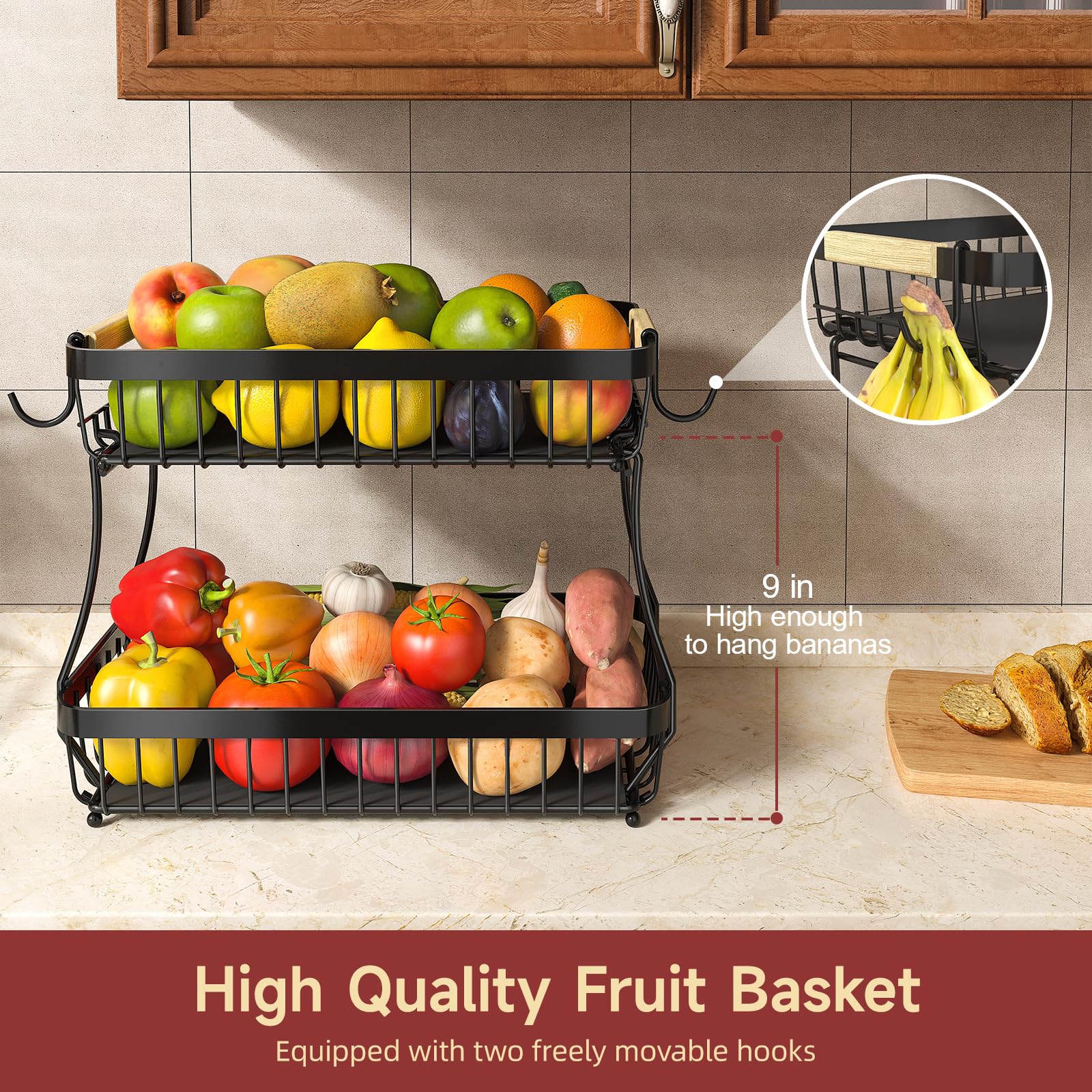 Sevenblue 2 Tier Fruit Basket for Kitchen Counter with 2 Mobile Banana Hangers, 2025 Pro Detachable Metal Fruit Bowl with Wooden Handle, Fruit Holder for Bread Snack Veggies with Protective Mats