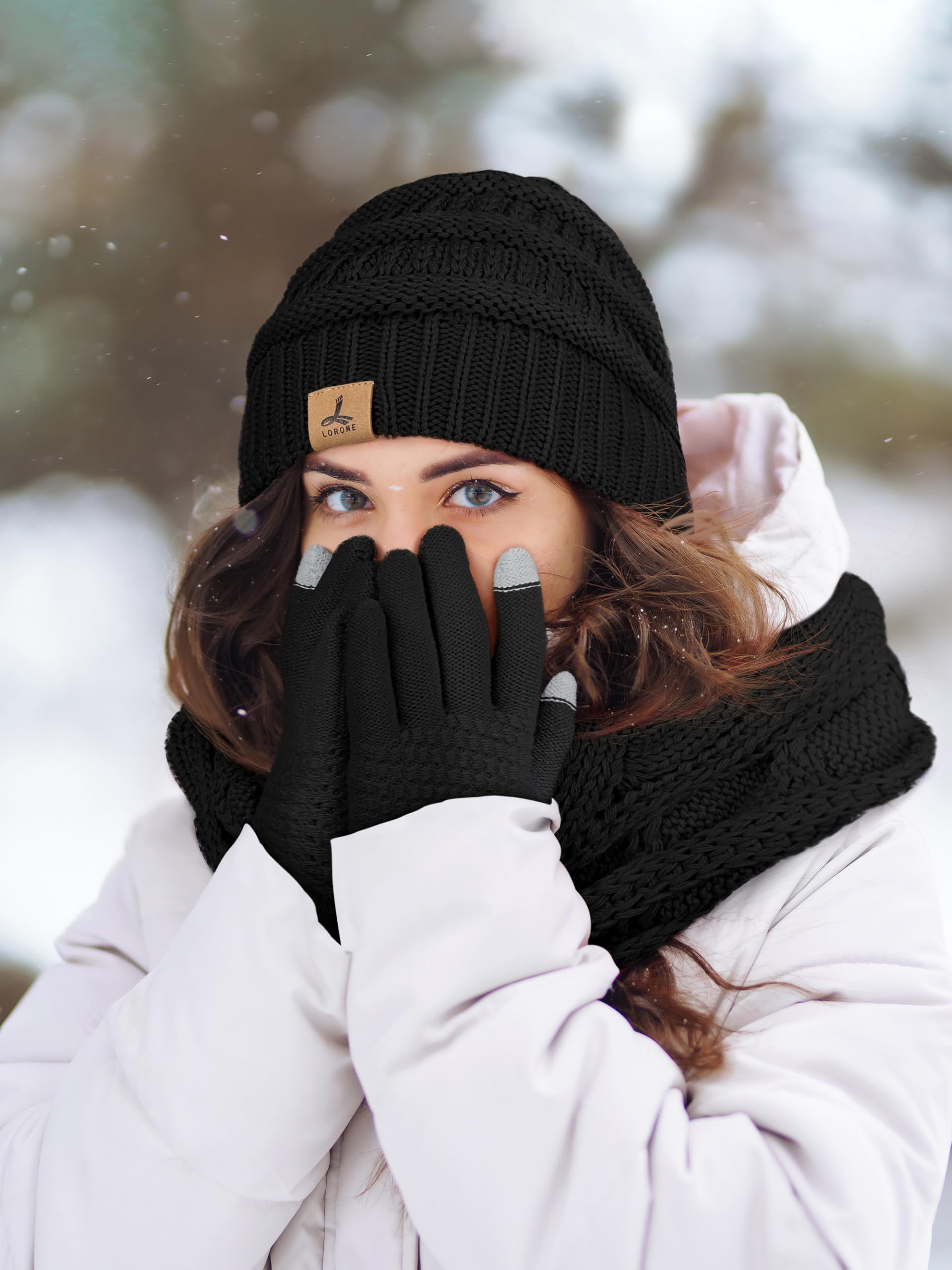 Winter Beanie Hat Scarf Gloves, Warm Fleece Knit Winter Hats Touch Screen Gloves Neck Scarf Set Winter Gifts for Unisex Adult Black