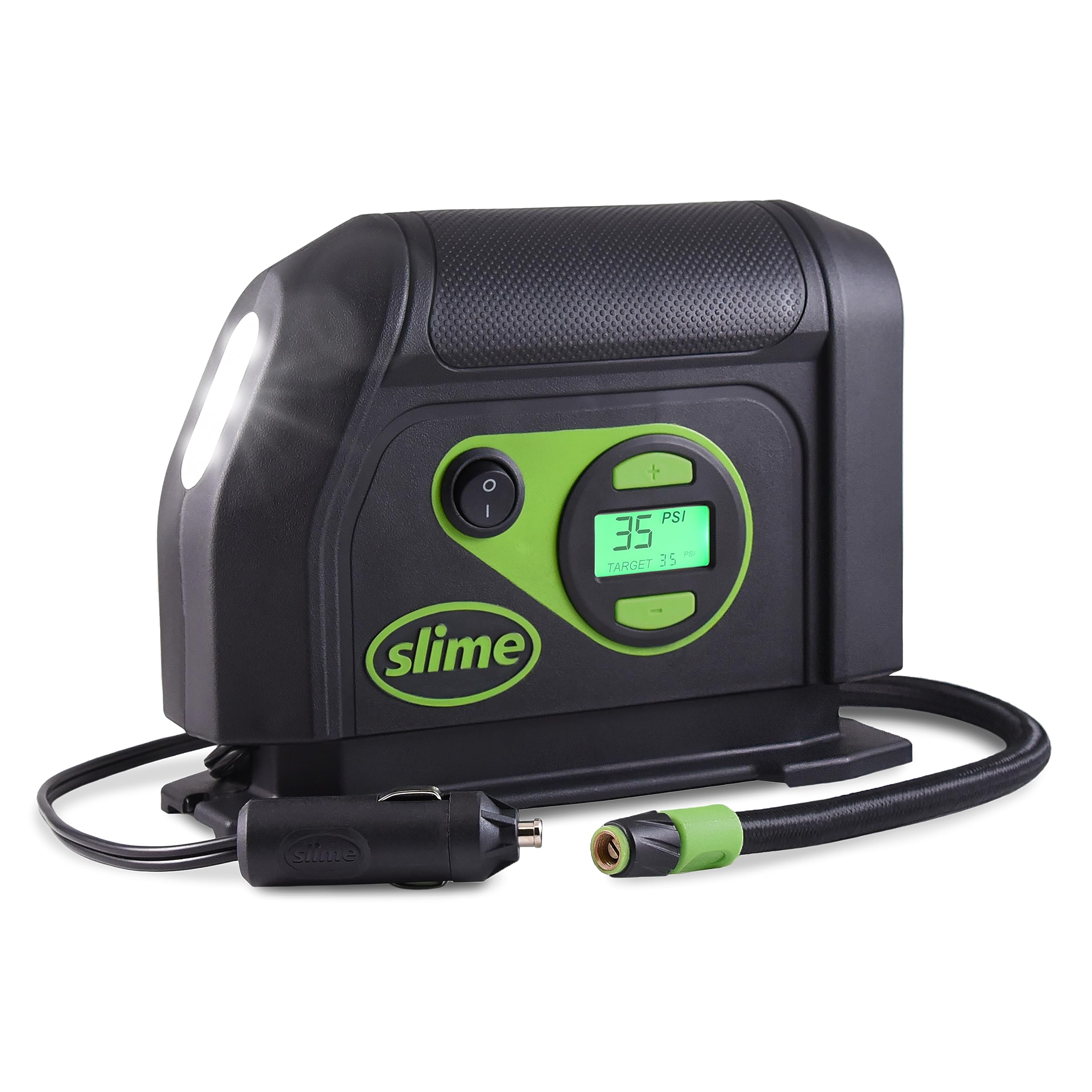 Slime 40050 Tire Inflator, Portable Car Air Compressor, with Analog 100 psi Dial Gauge, Long Hose and LED Light, 12V, 8 min Inflation