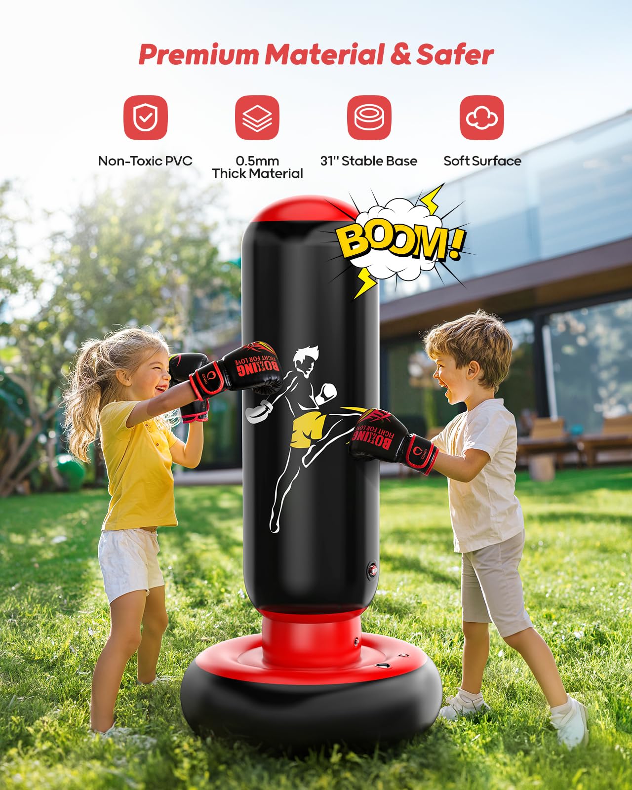 QPAU Kids Punching Bag Toy with Boxing Gloves, 66 Inch Larger Stable Kids Inflatable Boxing Bag Set, Gifts for Boys & Girls Age 6-12, for Practicing Karate, Taekwondo, MMA