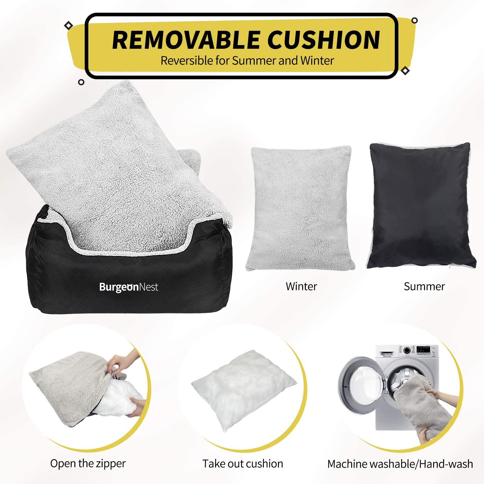 BurgeonNest Dog Car Seat for Small Dogs, Soft Pet Car Travel Home Bed Under 25 lbs, Fully Detachable and Washable Cat Booster Carseats with Storage Pockets and Clip-On Leash Portable Carrier,Black