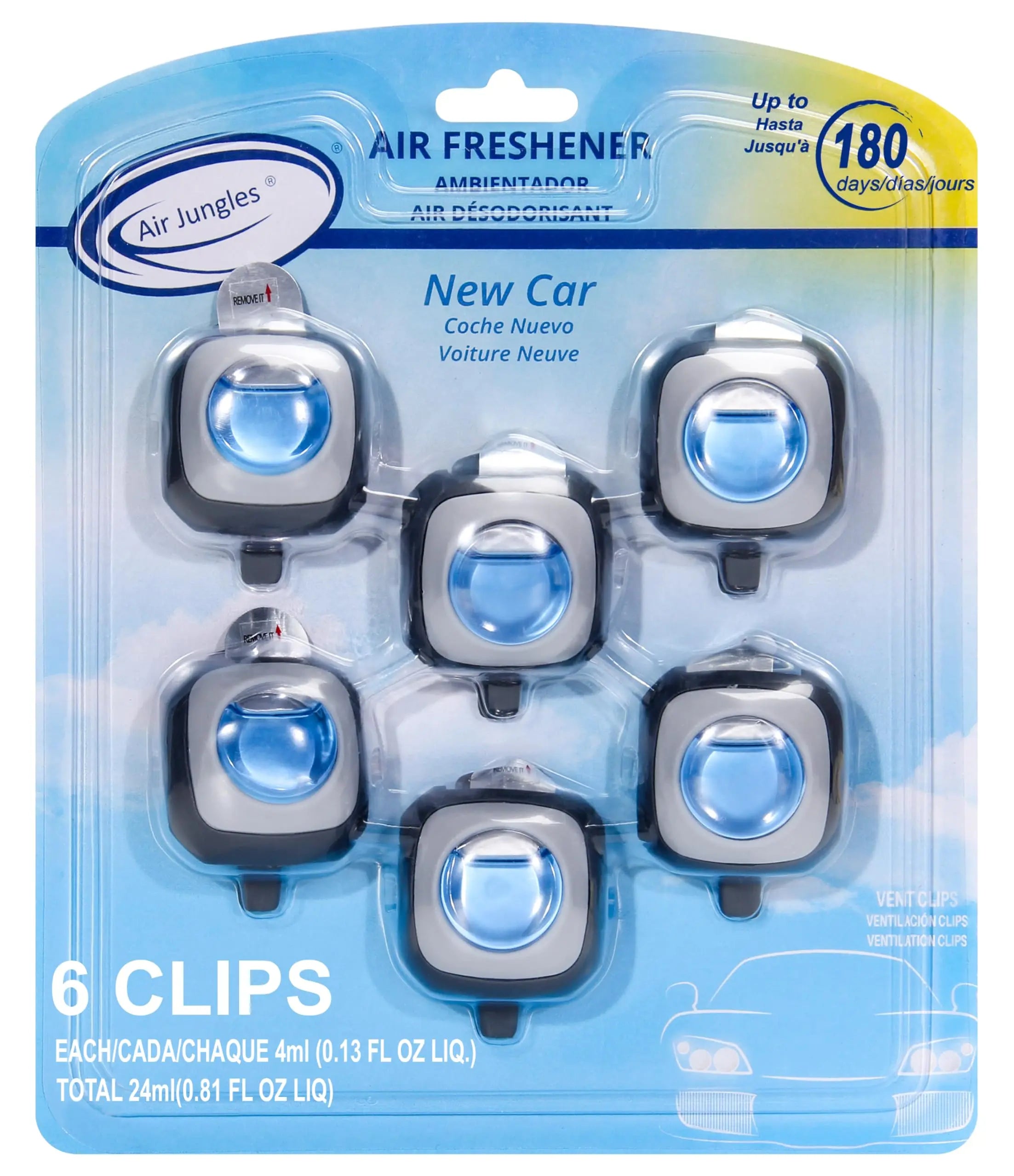 Air Jungles New Car Scent Car Air Freshener Clip, 6 Vent Clips, 4ml Each, Long Lasting Air Freshener, Up to 180 Days Odor Eliminator
