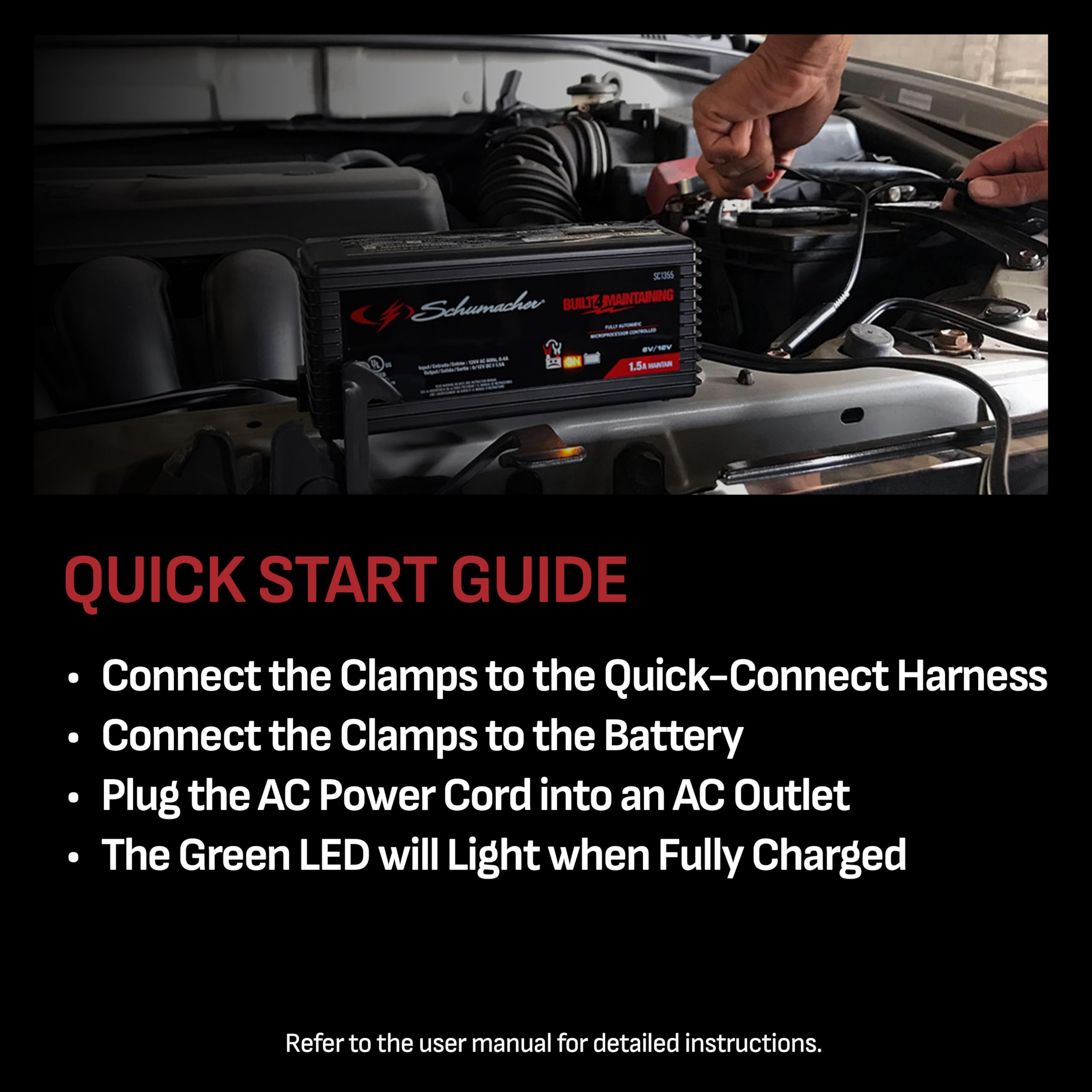 Schumacher Electric Battery Charger and Maintainer, SC1355, 3-in-1, Fully Automatic, 1.5 Amps, 6 Volt and 12 Volt, for Motorcycle, Power Sport, Car, and Marine Batteries