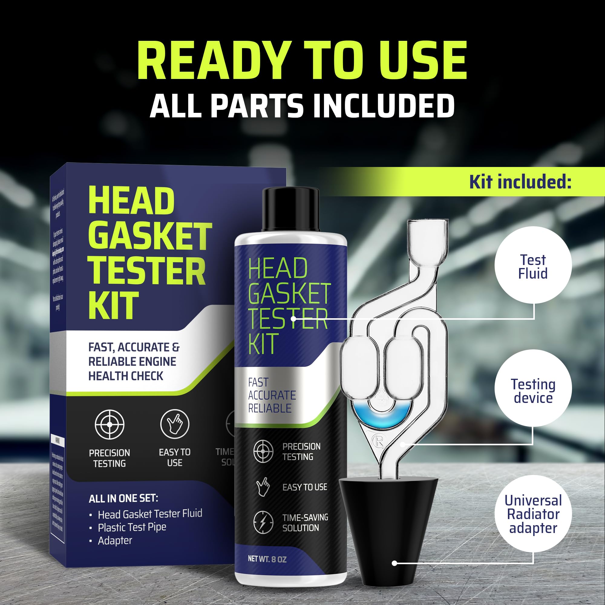 Head Gasket Tester Kit – Over 100 Tests, Complete Combustion Leak Test System with Universal Radiator Adapter, Works on Cars, Trucks, SUVs and Leak Detection Fluid 8oz