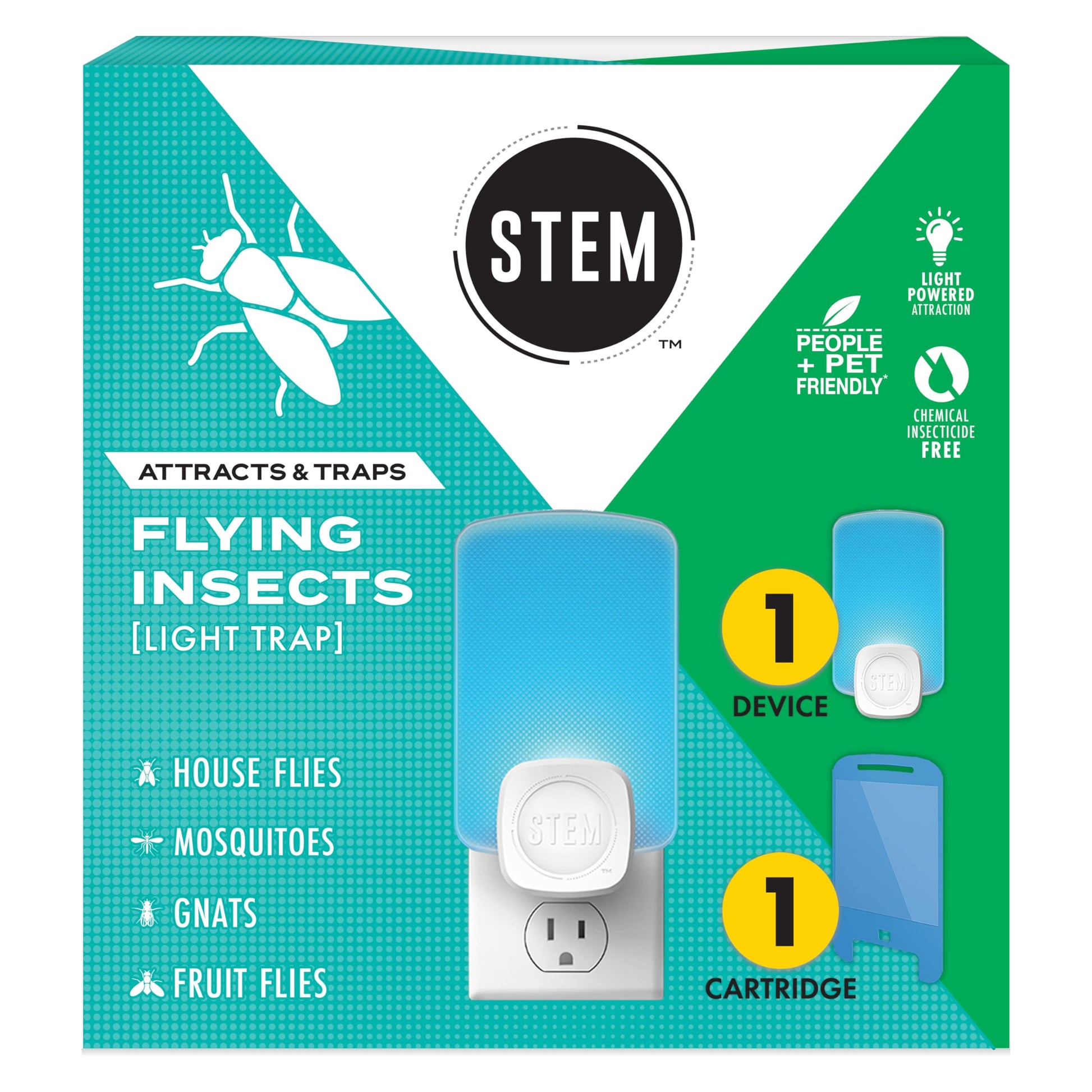 STEM Light Trap: Indoor Fruit Fly Trap, Effective Insect Control for Home, Attracts and Traps Flying Insects, Emits Soft Blue Light, Starter Kit with 1 Plug-In Device and 1 Cartridge
