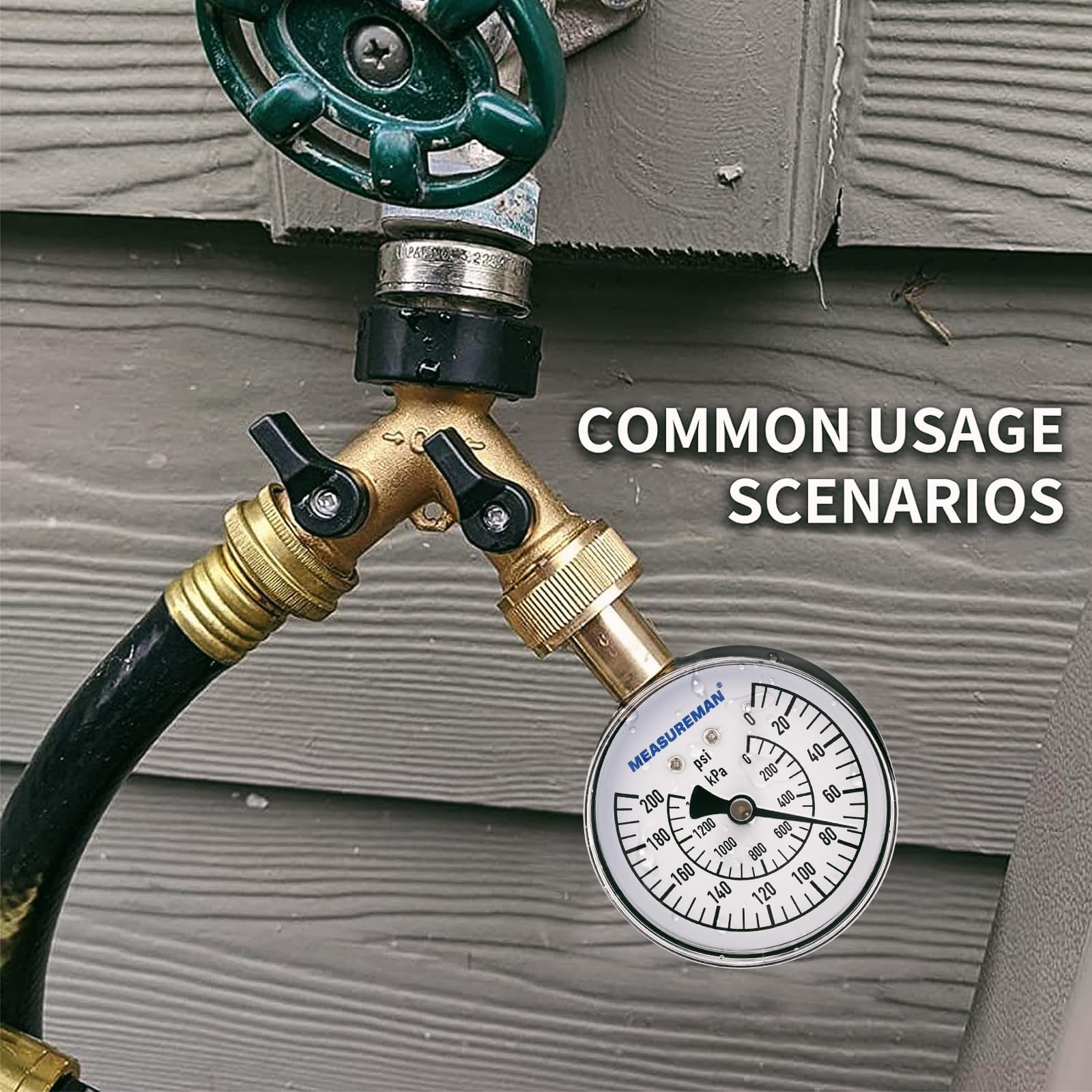 MEASUREMAN 0-200 PSI Water Pressure Gauge, 2-1/2'' Dial, Hose bib Pressure Gauge, Home Water Pressure Tester, Durable 3/4” Hose Thread, Water Pressure Gauge for Home