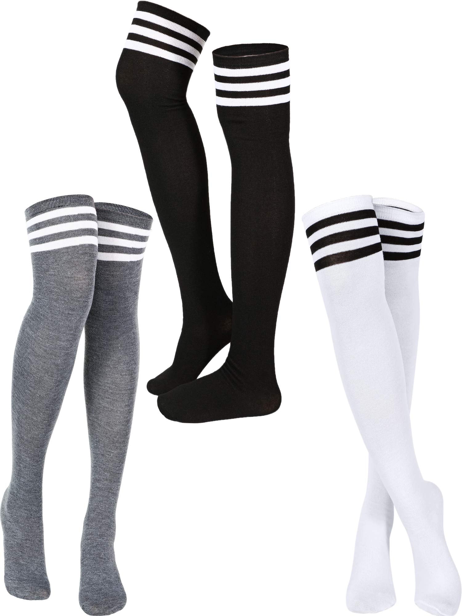 SATINIOR 3 Pairs Knee High Socks Thigh High Triple Stripe over the Knee Thigh High Long Socks Long Opaque Thigh Stockings(Mixed Color,One Size)