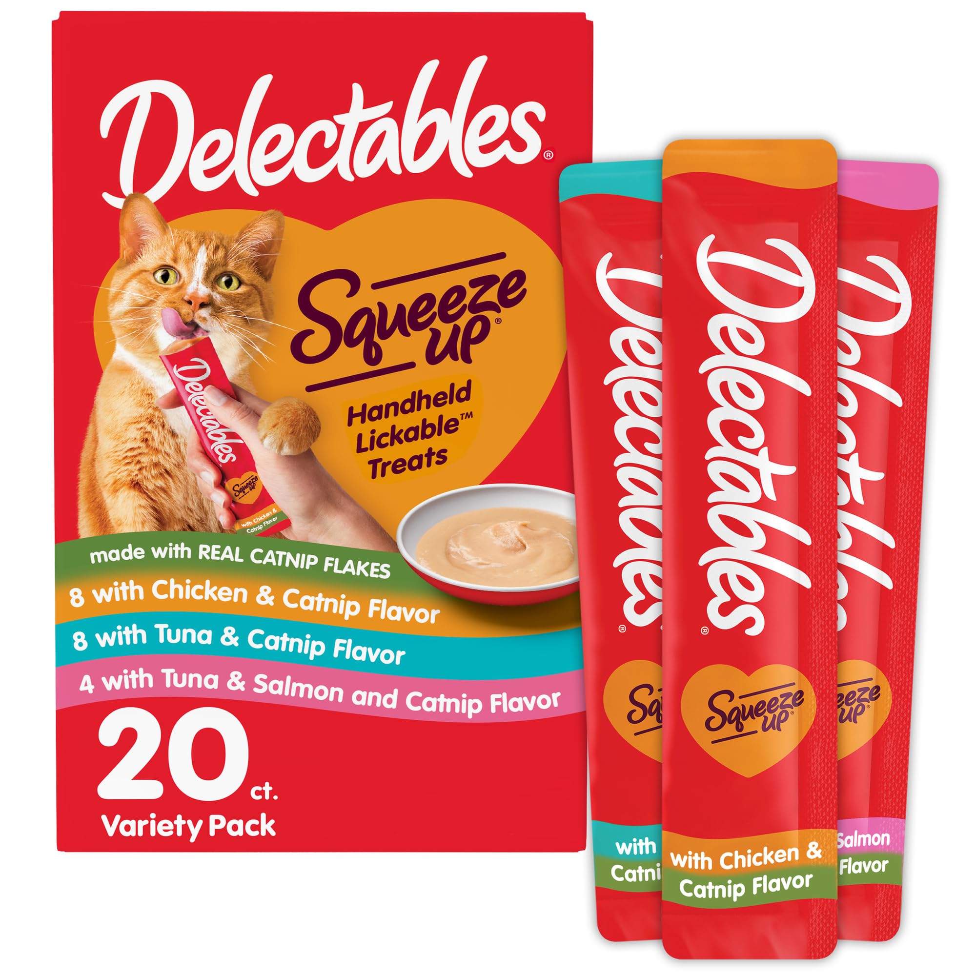 Delectables Squeeze Up Catnip Variety Pack, Creamy Squeezable Puree, Lickable Wet Cat Treats, Grain Free, No Added Fillers, No by-Products, No Added Preservatives, 0.5 Ounces Tube, 20 Tubes Total