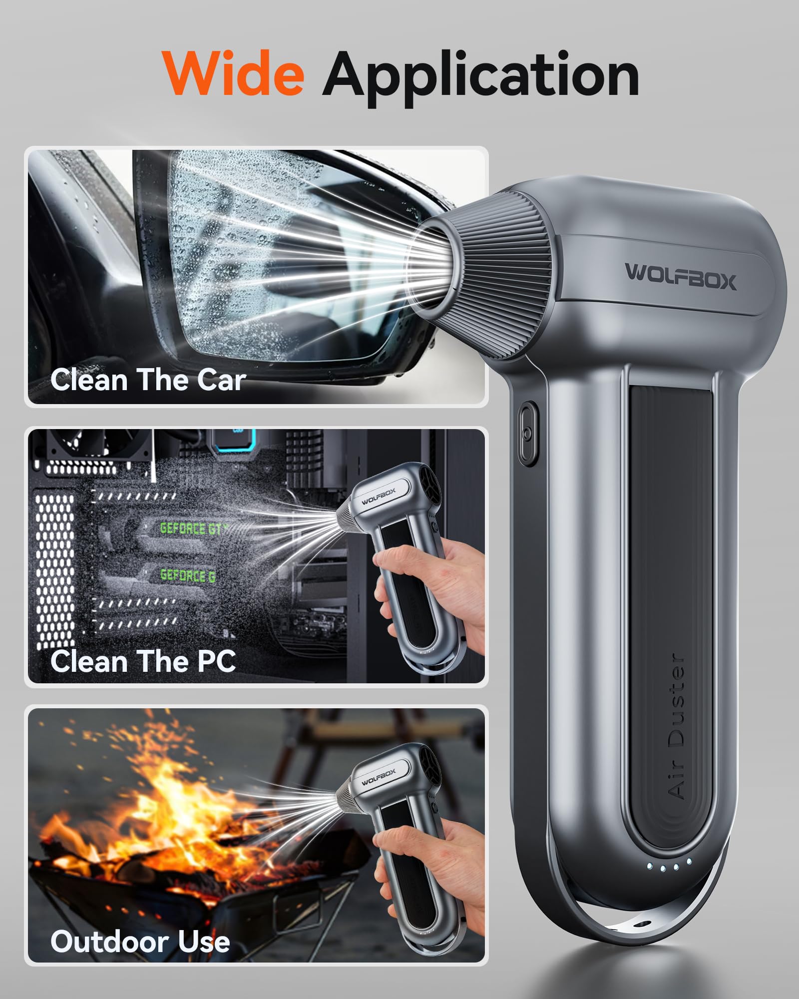 WOLFBOX MF100 Electric Air Duster-150000RPM Super Power Cordless Air Duster, Rechargeable Brushless Motor Durable Blower, 3-Gear Adjustable Dust Blower for Computer, Keyboard, Outdoor, House and Car