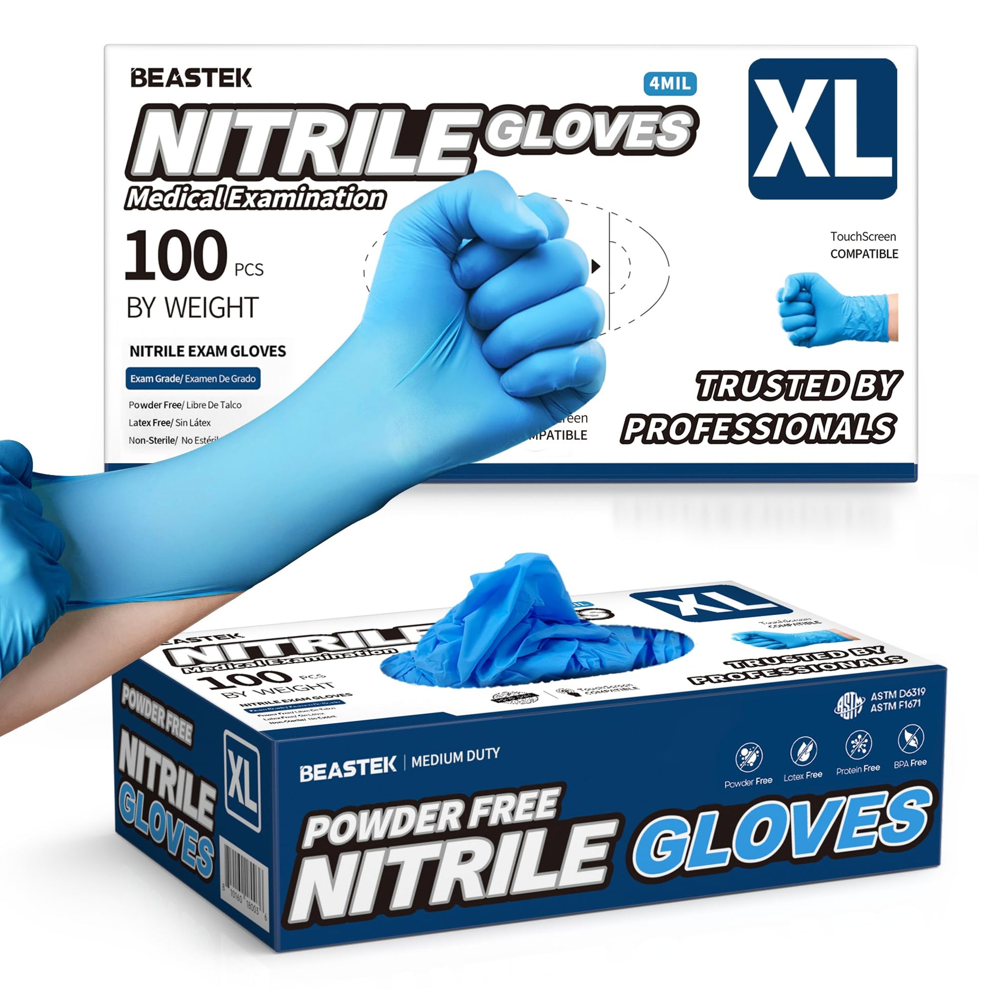 Beastek Blue Nitrile Exam Gloves, 4 mil Powder-Free Latex-Free Non-Sterile Food Safe Disposable Medical Glove, 100 Pcs (Large)