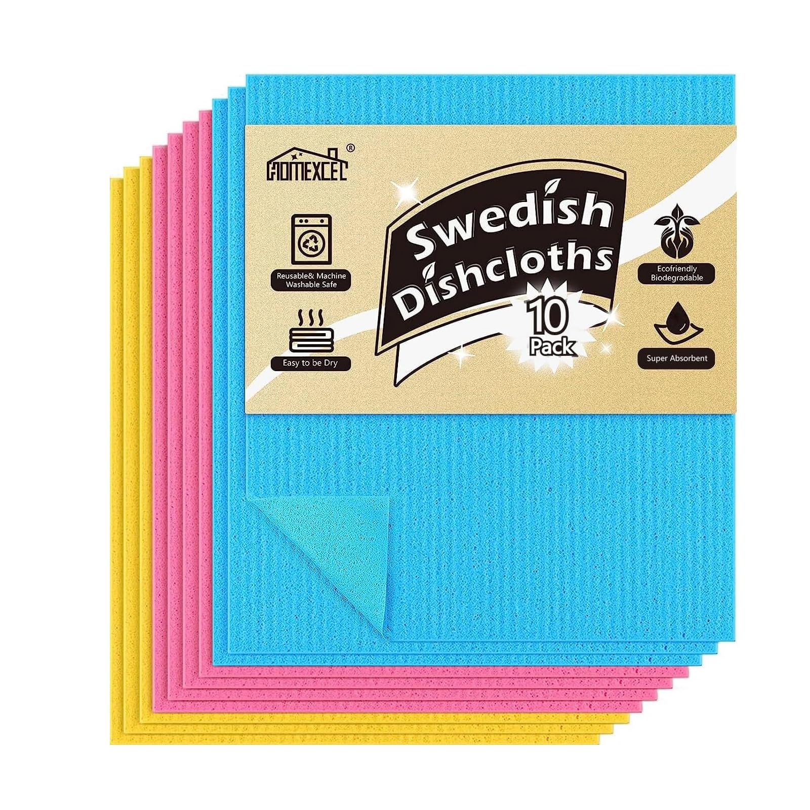 HOMEXCEL Swedish Dishcloths for Kitchen 10 Pack, Sponge Dish Cloth for Counters & Washing Dishes, Reusable and Absorbent Paper Towels, 3 Colors Assorted