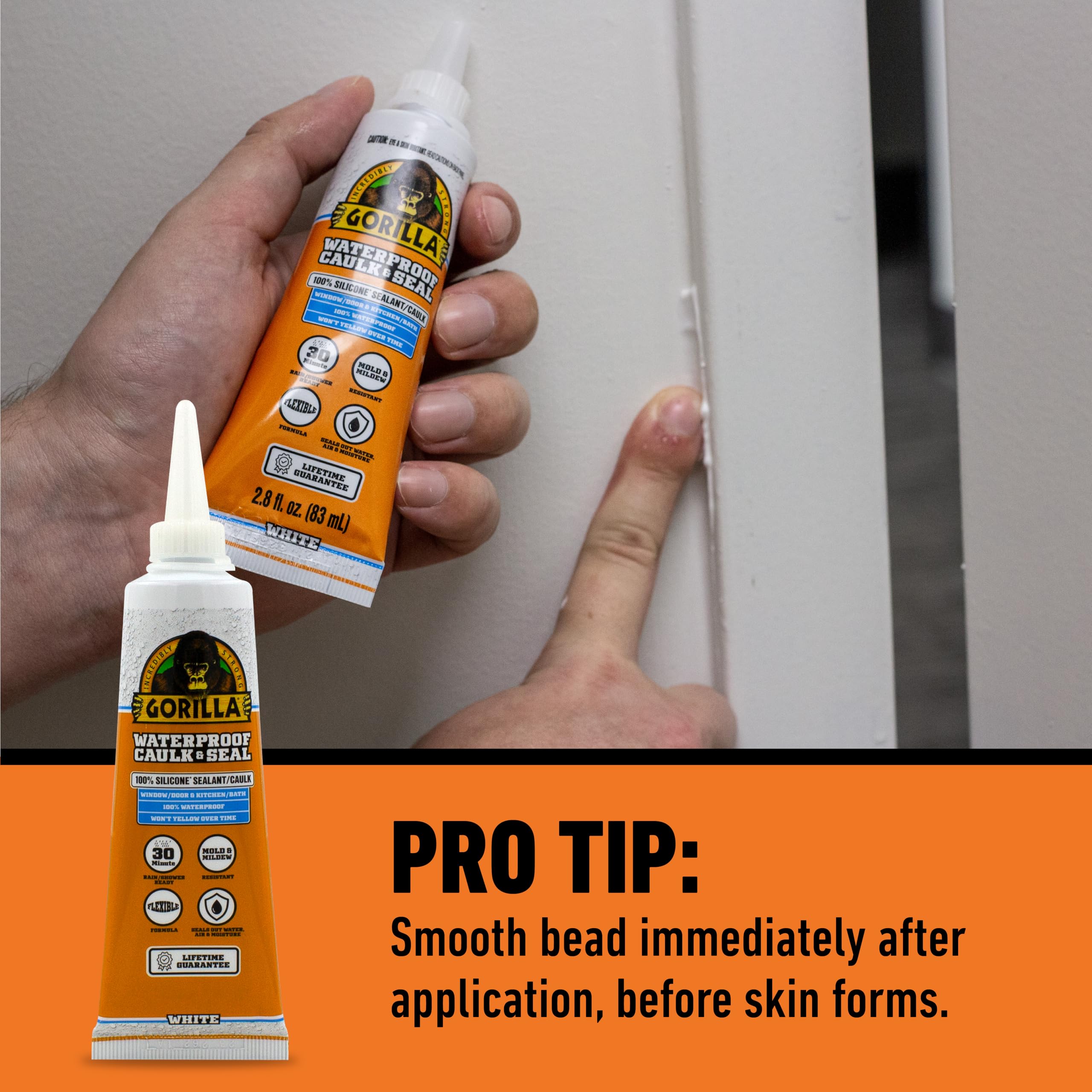 Gorilla 100% Silicone Caulk, Waterproof Sealant, 2.8oz Squeeze Tube (Pack of 2) – White -10 Year Mold Resistant Kitchen, Window, Bath, Marine, Door and More