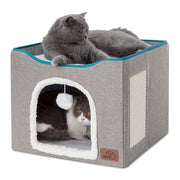 Bedsure Cat Beds for Indoor Cats - Large Cat Cave for Pet Cat House with Fluffy Ball Hanging and Scratch Pad, Foldable Cat Hideaway, 16.5x16.5x13 inches, Grey