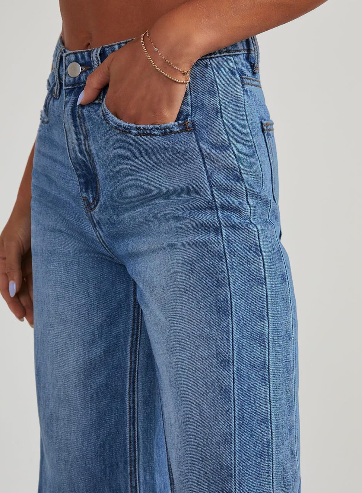 Sidefeel Women's Wide Leg Jeans High Waisted Stretchy Raw Hem Denim Pants Size 10 Blue