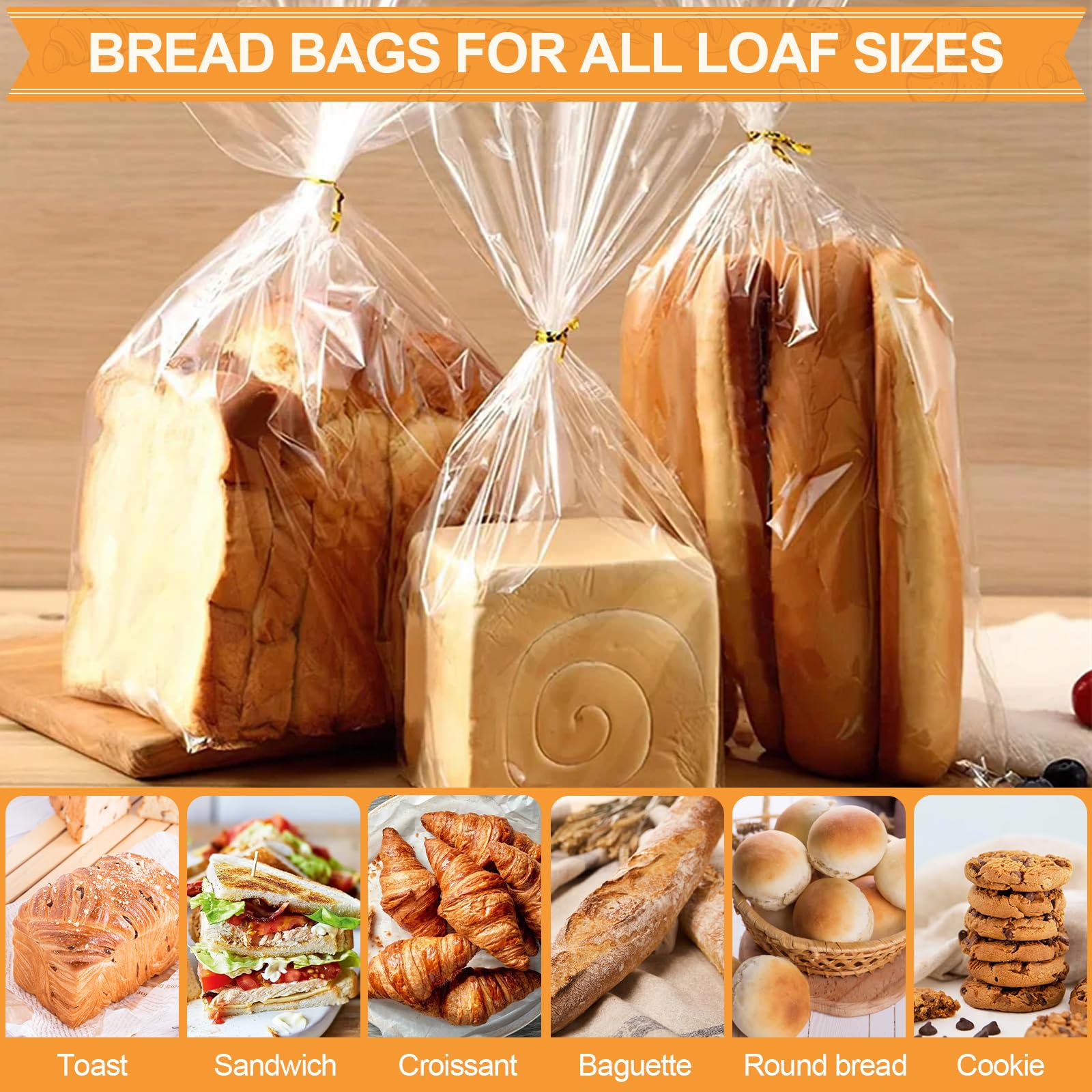Vivinin 70 Pack Clear Bread Bags (8" x 4" x 18") & 100 Pack Ties - Reusable Plastic Storage Bags for Homemade Loaves, Bakers, and Bakery Owners