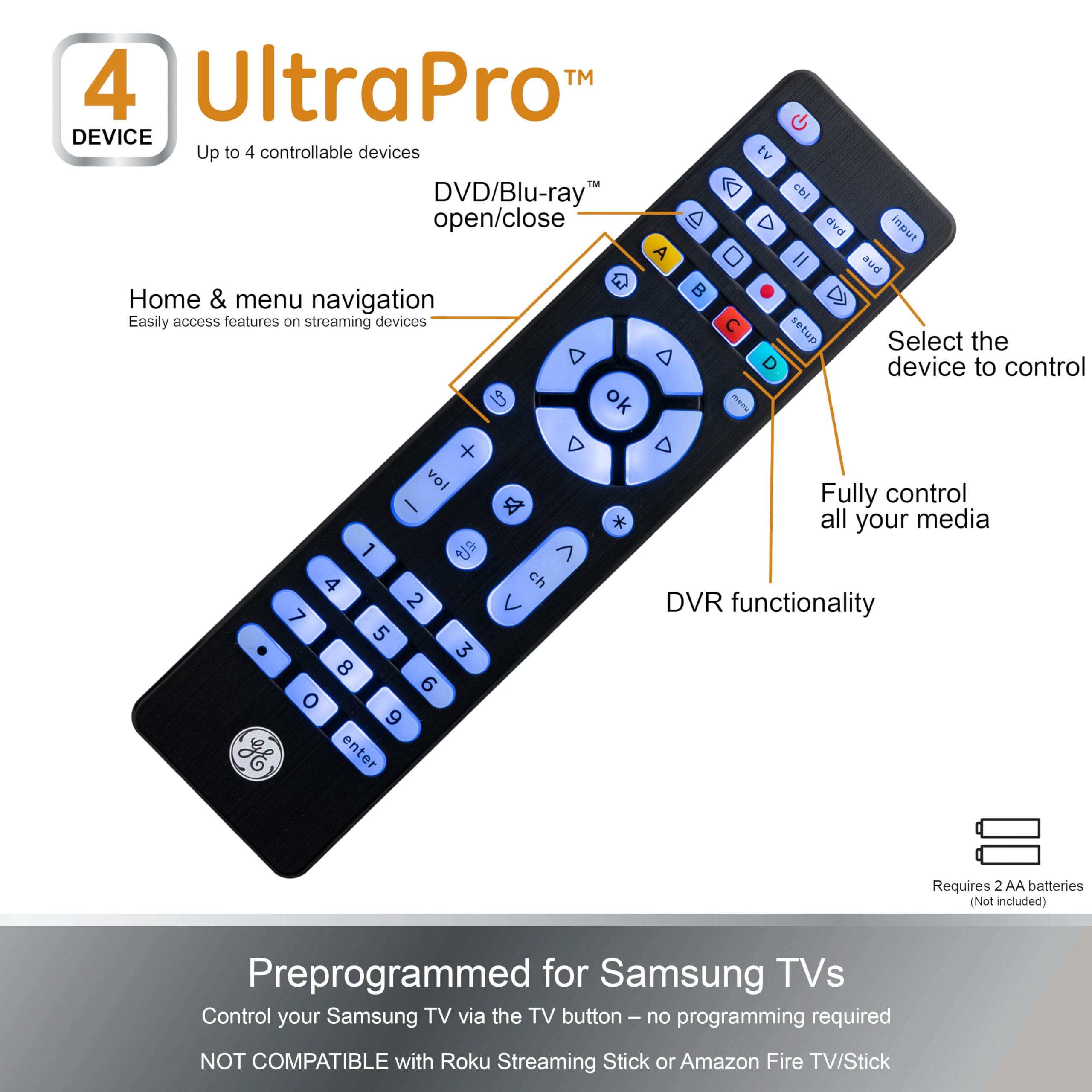 GE Blue Backlit Buttons Universal Remote Control, Samsung TV Remote Control Replacement, Samsung Remote Control for Smart TV, Roku Remote Replacement, Vizio, LG TV, Sony, 4-Device, Brushed Black 48843