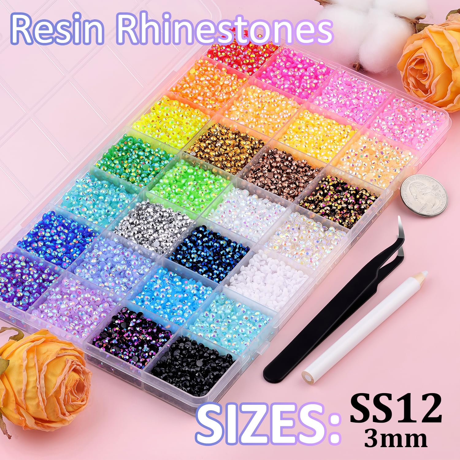 30000Pcs Resin Rhinestones with Tweezers for Crafting, Mixed-Color 3mm Bedazzling Crystal with 3Pcs 10ml B7000 Jewelry Glue for DIY Crafts Clothing Tumblers Shoes Fabric Nail Art