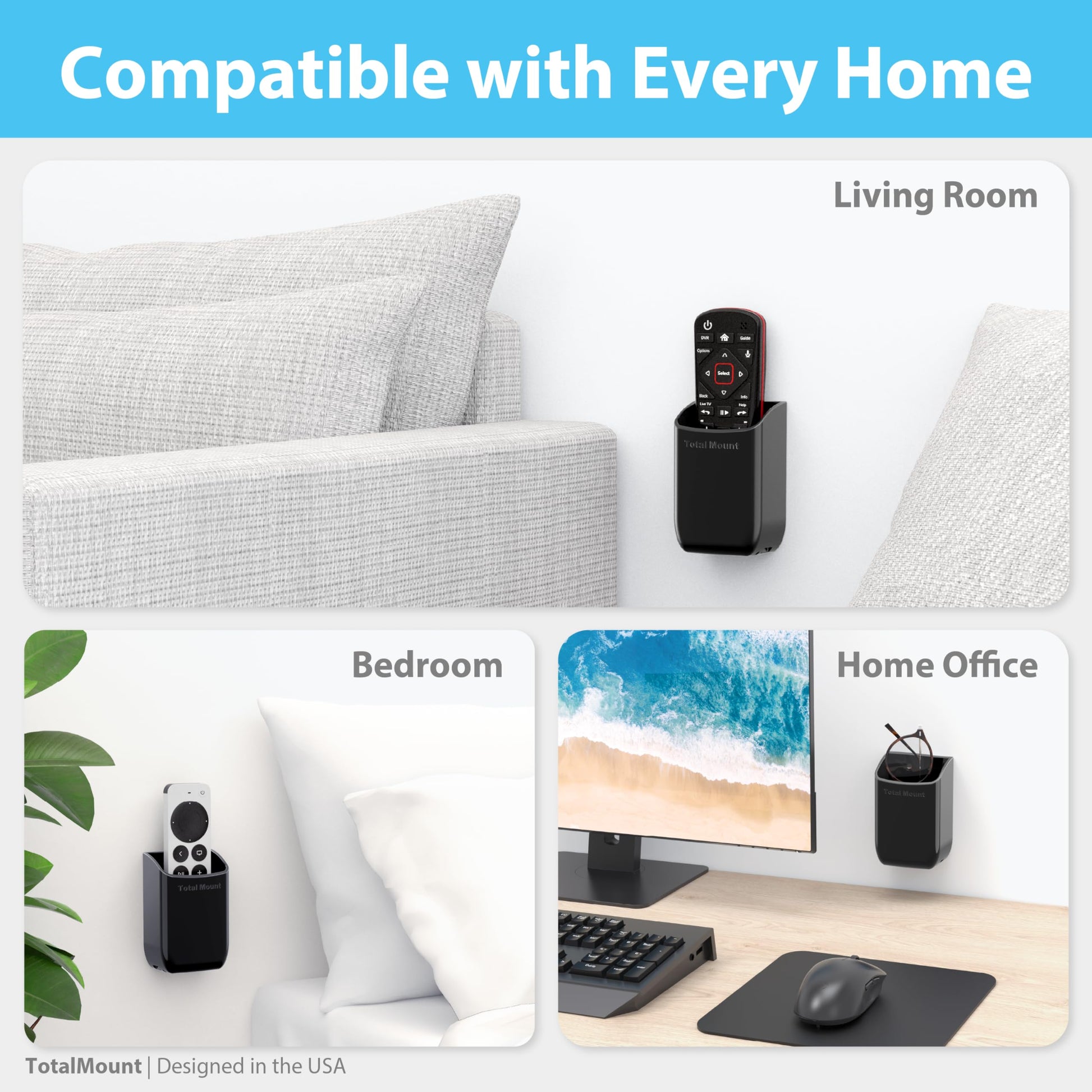 TotalMount Hole-Free Remote Control Holder – Eliminates Need to Drill Holes in Your Wall (Black, Quantity 1)