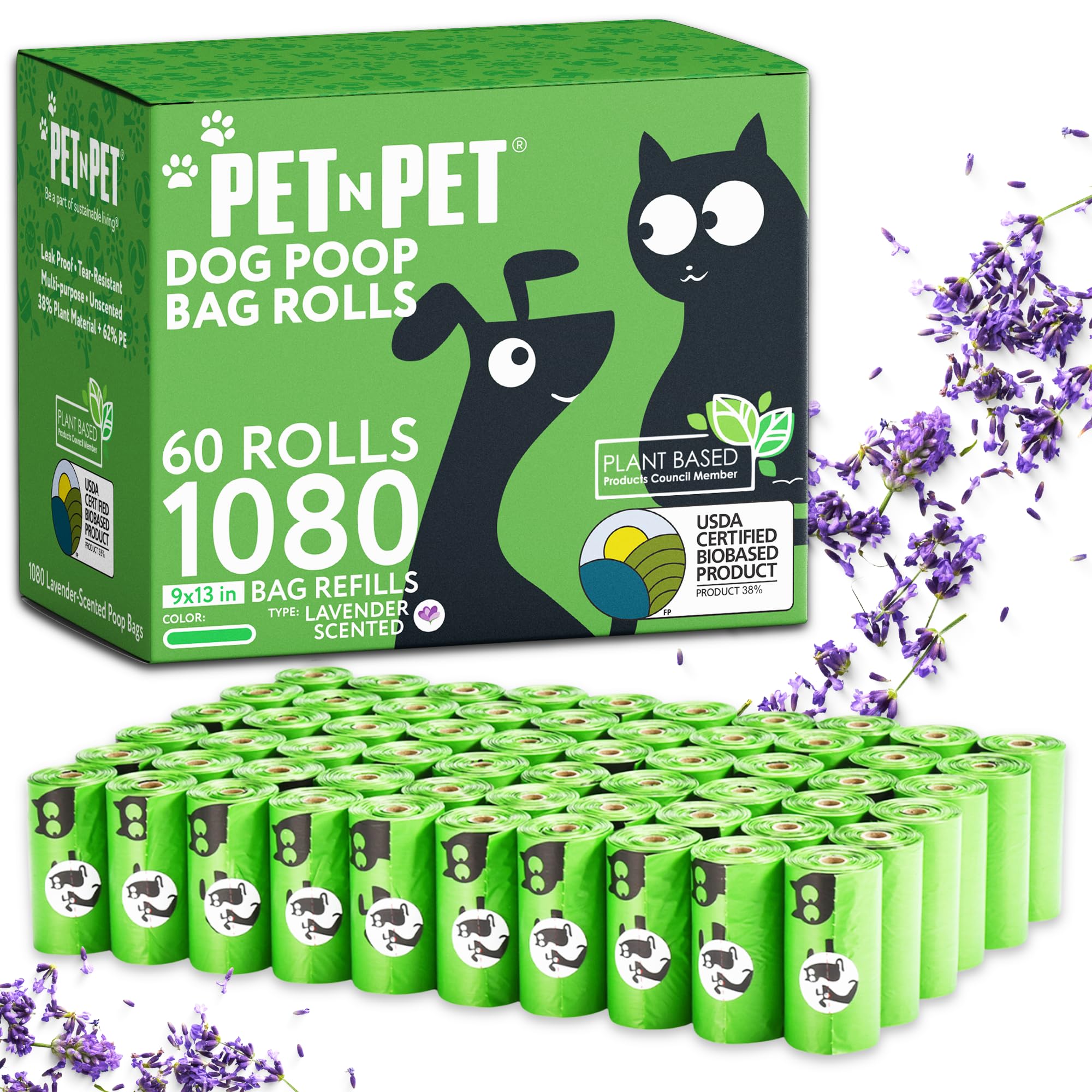 Pet N Pet 1080 Counts Black Poop Bags for Dogs, 38% Plant Based & 62% PE Extra Thick Dog Poop Bags Rolls, 9" x 13" Unscented Dog Bags for Poop, Doggie Poop Bags, Cat Poop Bags, Pet Waste Bags