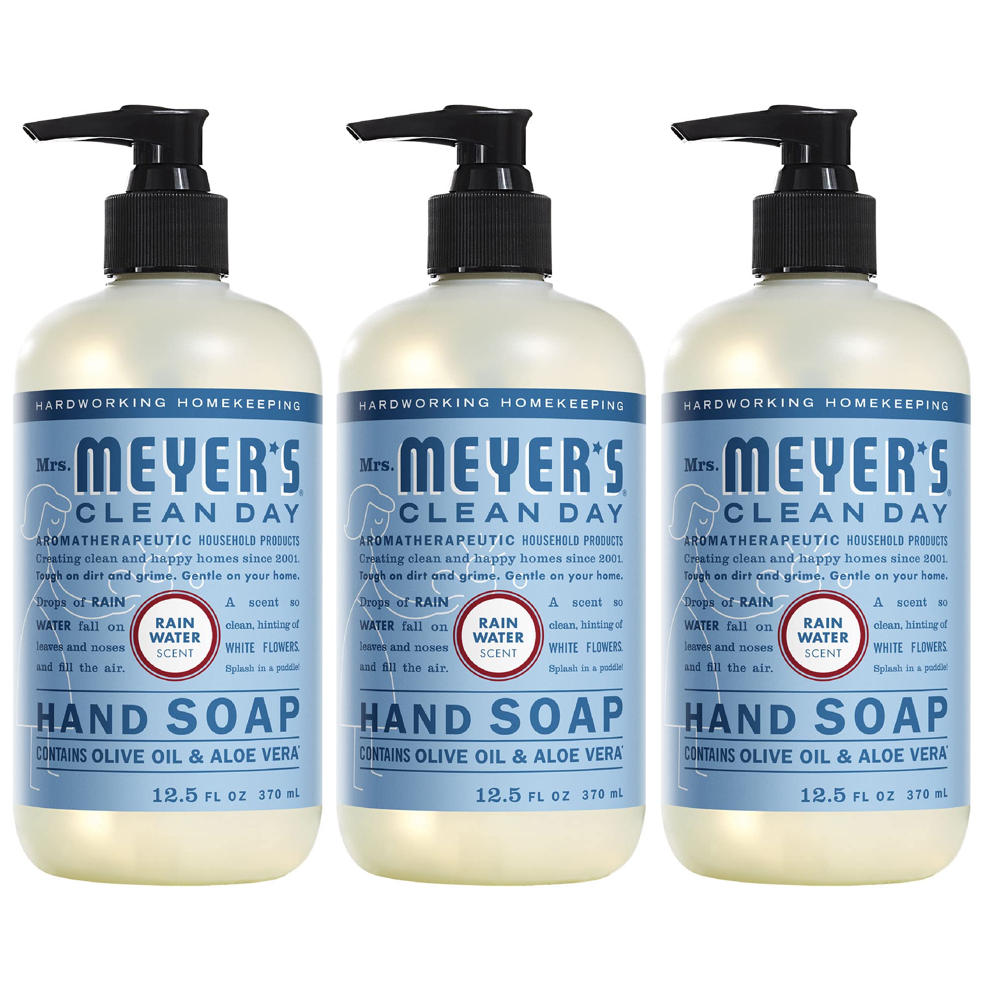 صابون اليدين MRS. MEYER'S CLEAN DAY، مصنوع من زيوت أساسية، تركيبة قابلة للتحلل الحيوي، "رين ووتر"، سعة 12.5 أونصة سائلة - عبوة من 3 قطع