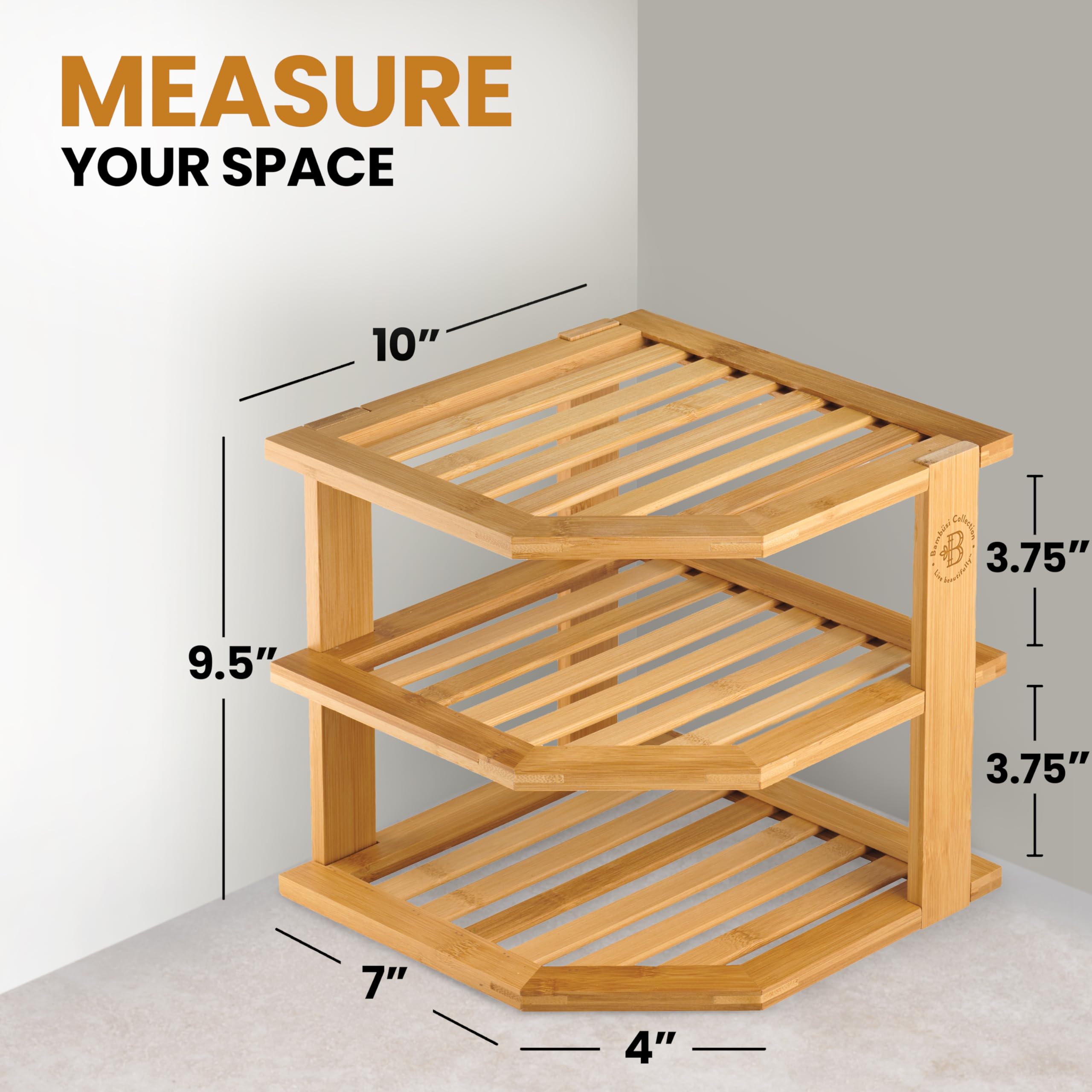 Cabinet Organizer Shelf - Bamboo Corner Rack for Kitchen Counter, Cabinet Space Saver for Plates, Dishes, Bowls, Bread - Pantry and Bathroom Storage or Countertop - Useful Home & Housewarming Gift