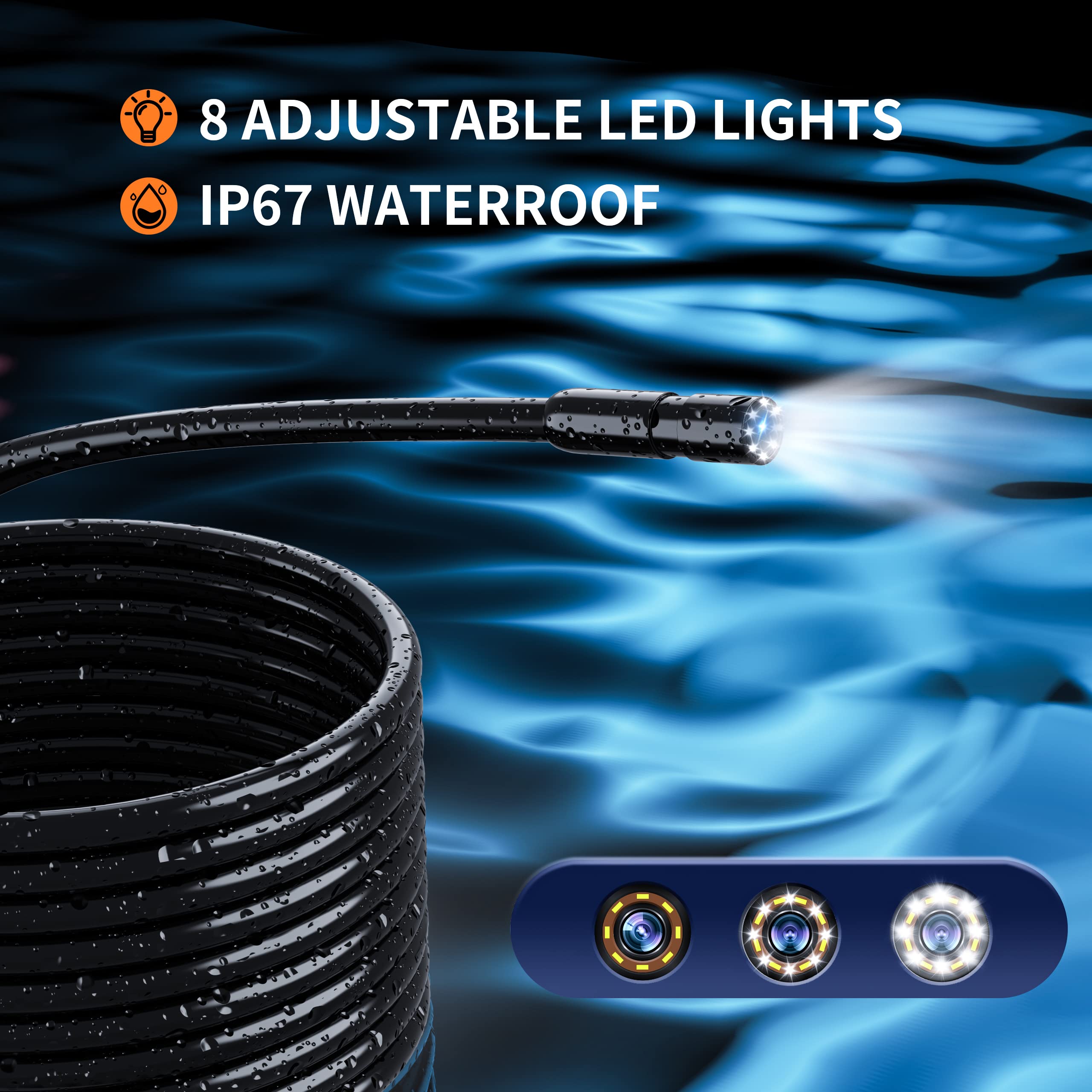 Endoscope Camera with Light, 1080P HD Borescope with 8 Adjustable Lights, 4.3" Endoscope with 16.4ft Semi-Rigid Snake Camera, IP67 Waterproof Borescopese for Sewer, Cool Gadgets & Tools for Men