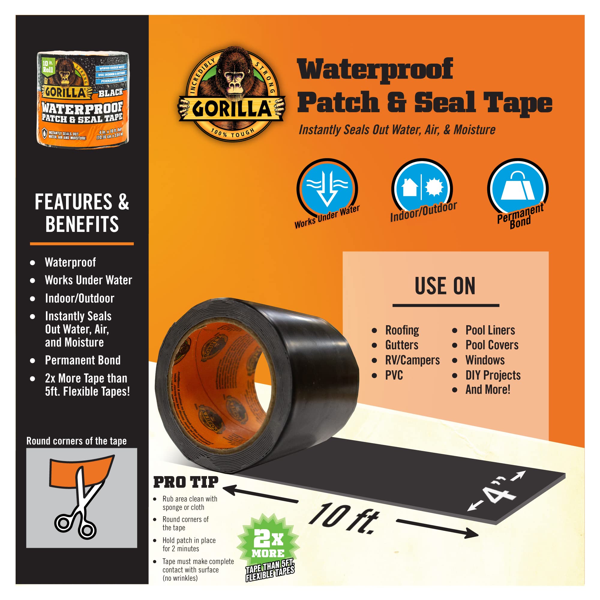 Gorilla Waterproof Patch & Seal Tape, Black Tape, 4" x 10' (Pack of 1) - Permanent Weather Resistant Seal for Leaks and Repairs