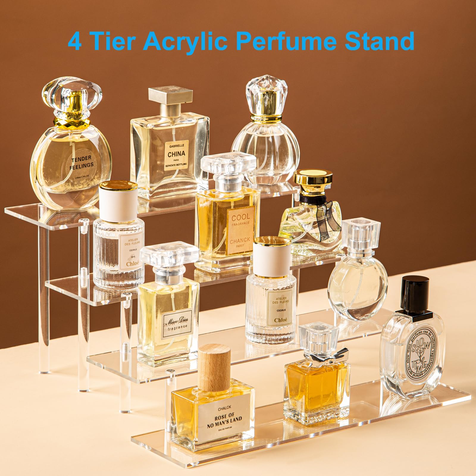 HENABLE 4 Tier Acrylic Perfume Organizer Stand, Clear Display Risers for Perfume, Cologne, Cosmetic, Skincare, Funko POP, Dessert Display, Cupcake Stand Holder
