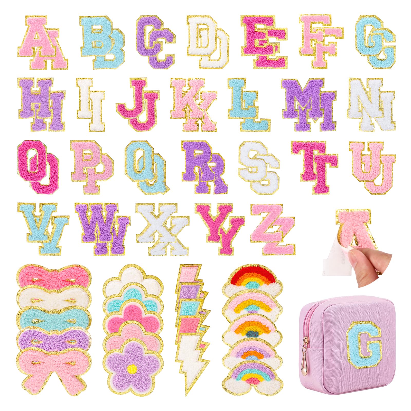 72 Pcs Preppy Chenille Patches Self Adhesive Embroidered for DIY Clothing,Include 52 A-Z Chenille Letter Patches Stickers,20 Rainbow Flower Lighting Bowknot Stick on Patches for Bags Backpacks Hats