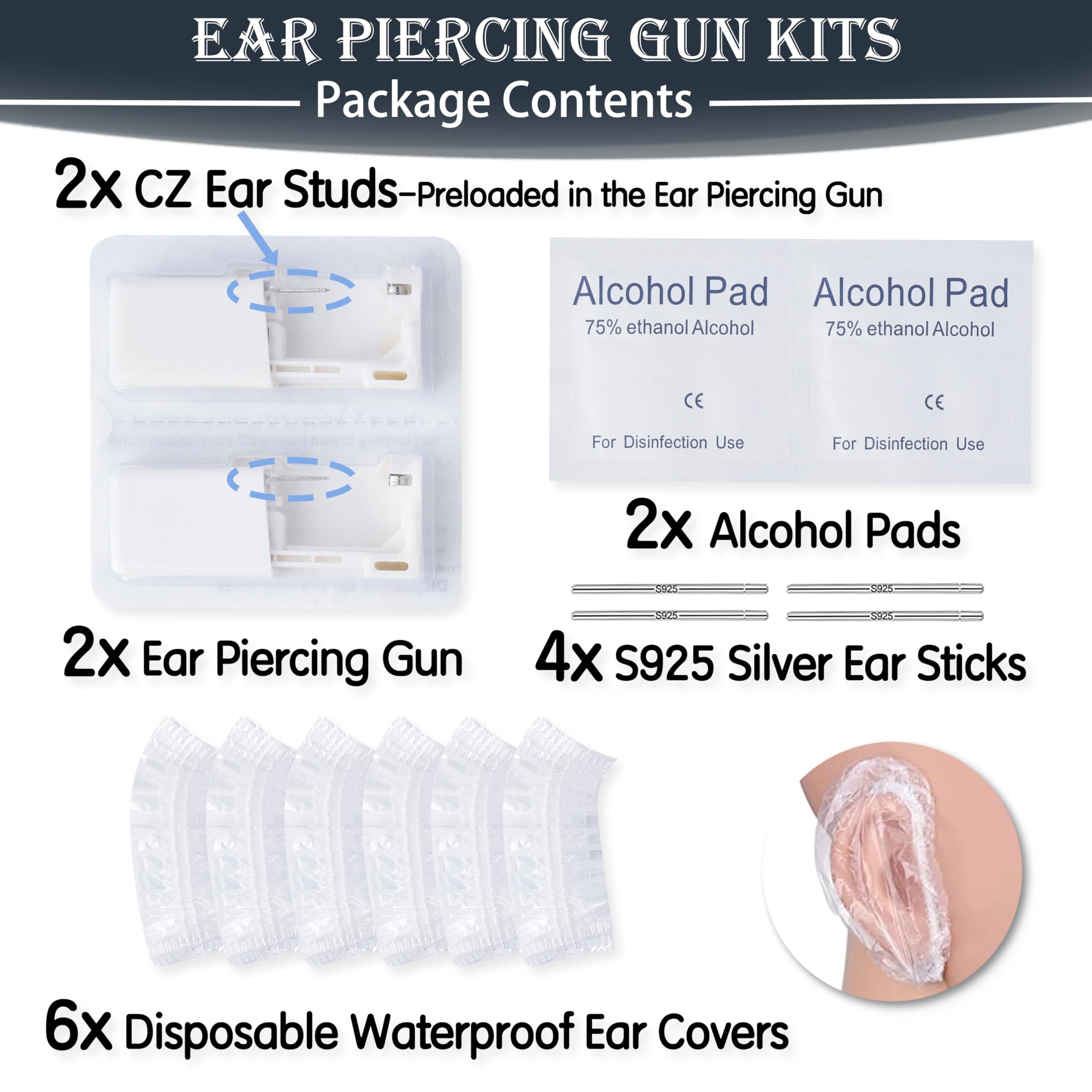 Ear Piercing Kit, Anzero 2 Pcs Disposable Ear Piercing Gun with Preloaded Ear Stud, at Home Self Ear Piercing Gun Kit - 5MM Earrings Stud