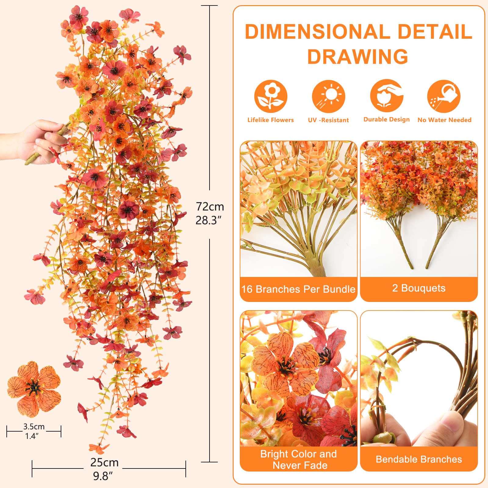 Artificial Fall Fake Flowers for Outdoor, 2 Pcs Faux Hanging Flowers Outdoor Fall Decor, UV Resistant No Fade Fake Mums Silk Flower for Front Door Porch Planters Patio Yard Garden(Orange Autumn Red)