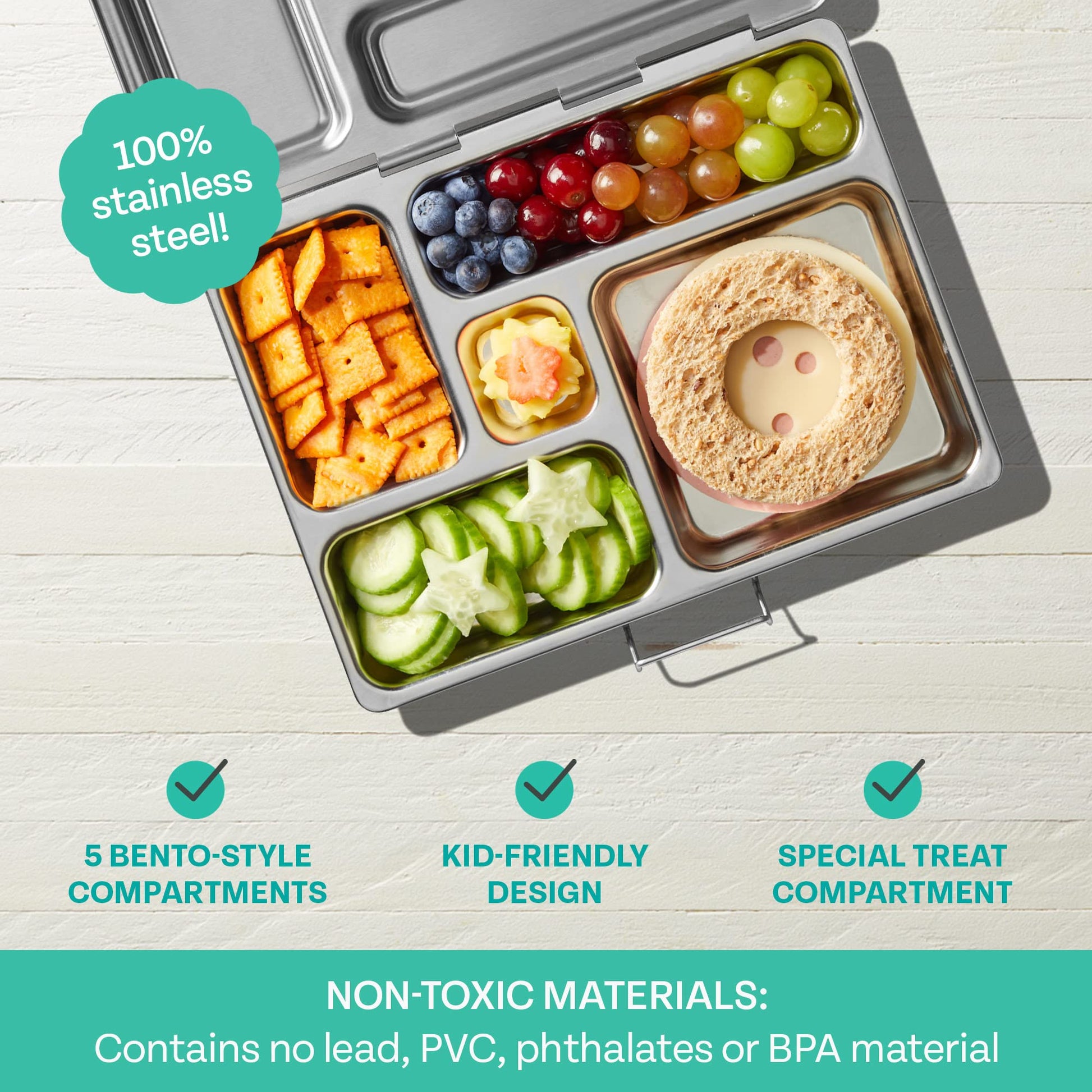 PlanetBox Rover Stainless Steel Bento Box Style Lunch Box for Kids with 5 Compartments – Durable, Dishwasher Safe & BPA-Free Food Container