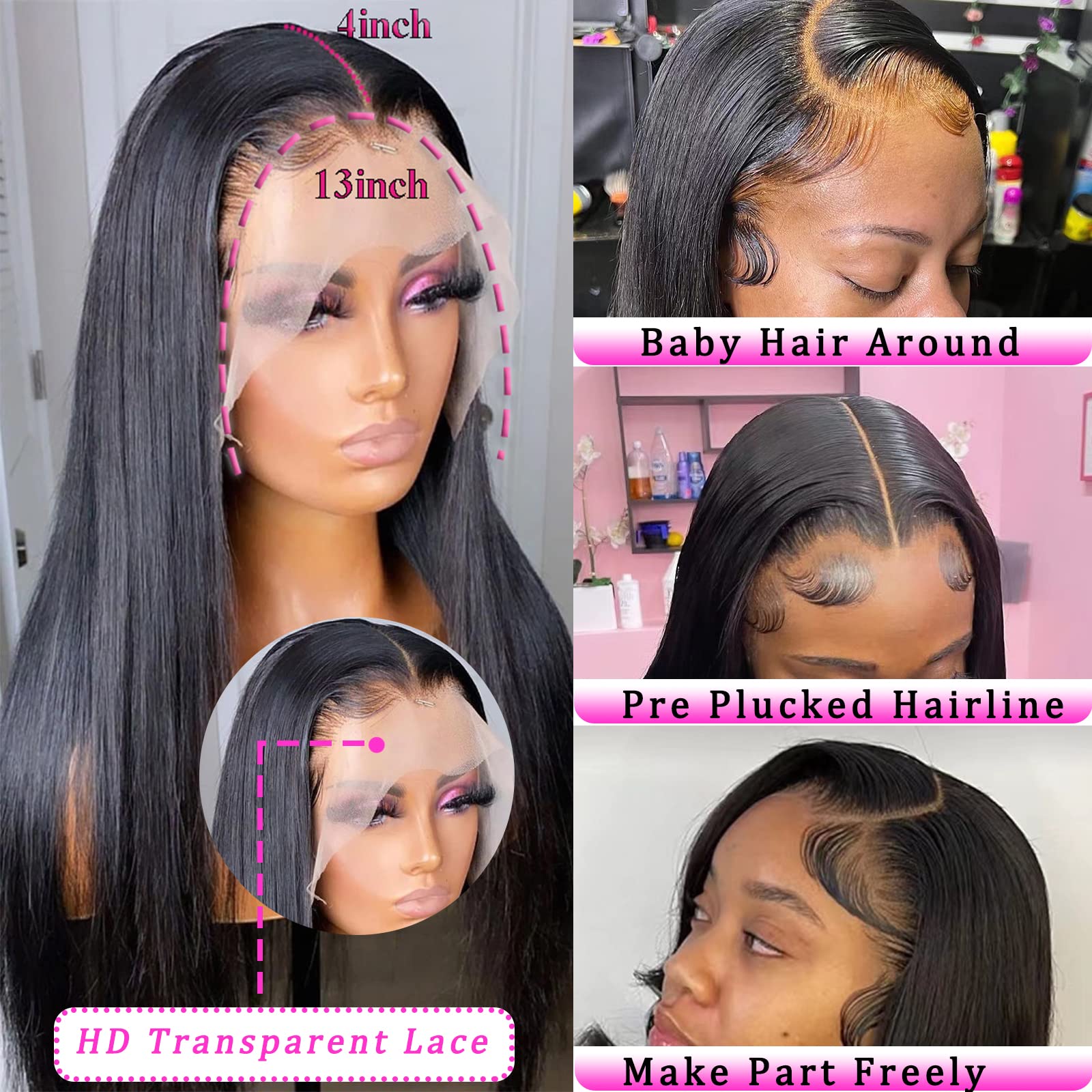 Straight Lace Front Wigs Human Hair 13x4 HD Transparent Lace Front Human Hair Wigs for Black Women Glueless Brazilian Virgin Hair Lace Frontal Wig 180% Density Pre Plucked with Baby Hair Hairline