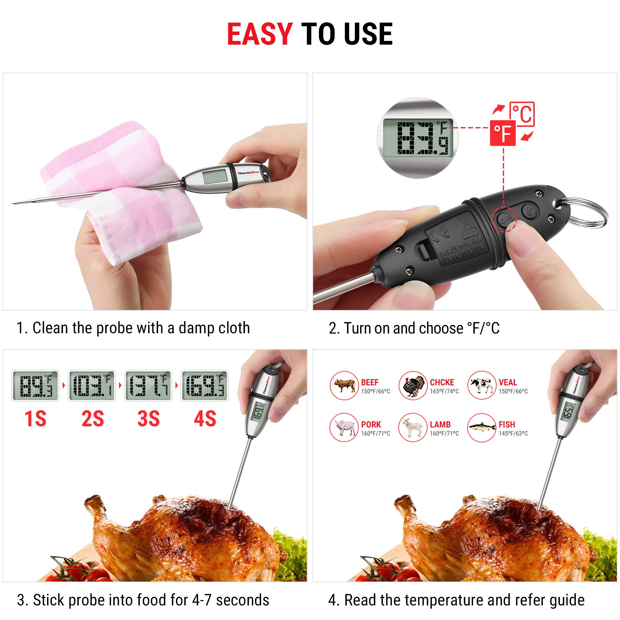 ThermoPro TP02S Digital Food Thermometer for Cooking Bread Baking Sourdough Liquids, Meat Thermometer Digital with Super Long Probe for Grill Kitchen BBQ Oil Milk Yogurt Candy Making Accessory