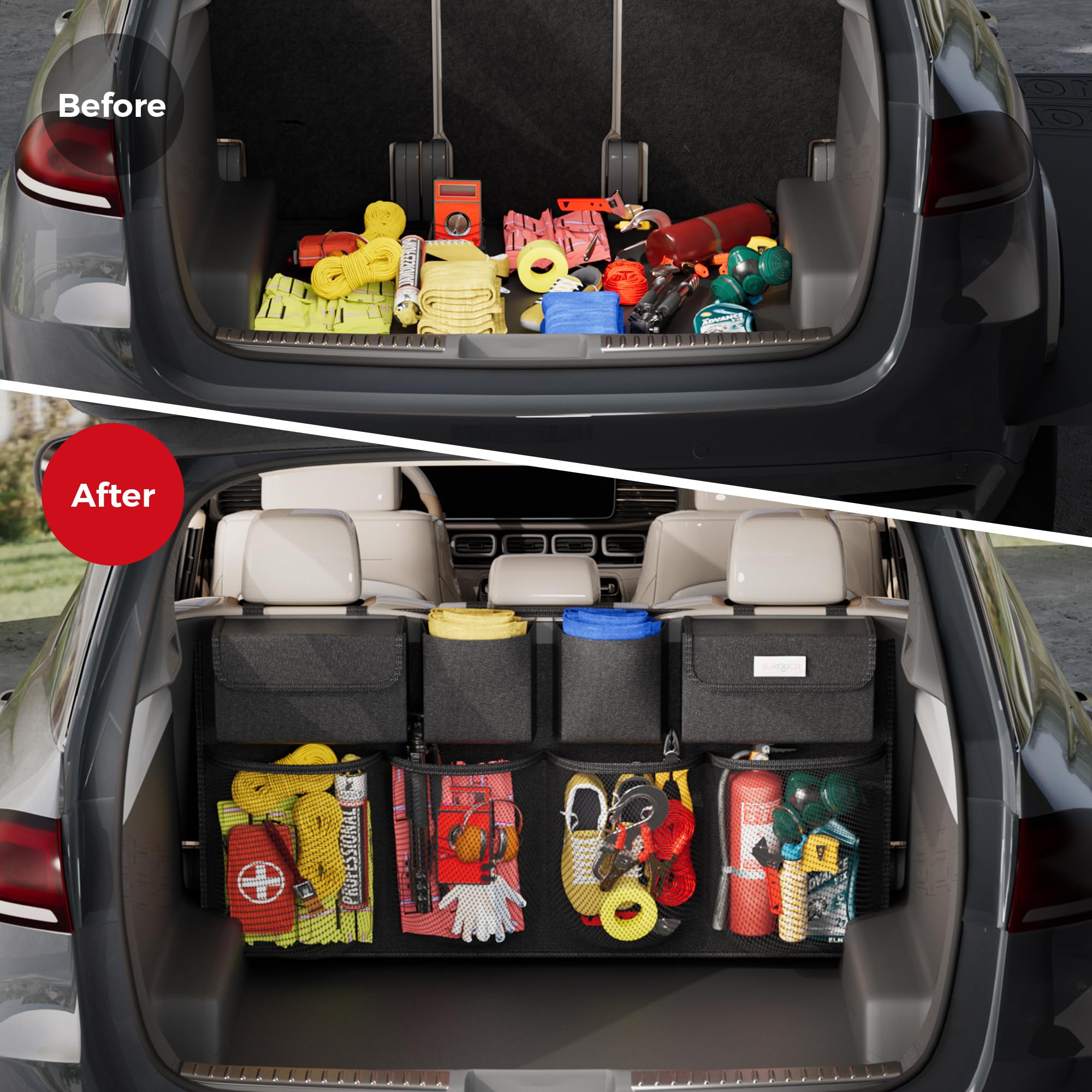 SURDOCA Car Trunk Organizer, 3rd Gen [7 Times Upgrade] Super Capacity Car Organizer SUV, Equipped with Robust Elastic Net, Hanging Car Storage Organizer with Lids, Space Saving Expert