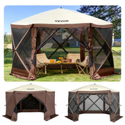 VEVOR 12 * 12ft 6 Sided Pop-up Canopy Shelter Tent with Mesh Windows, Portable Carry Bag, Stakes, Large Shade Tents for Outdoor Camping, Lawn and Backyard, Brown/Beige