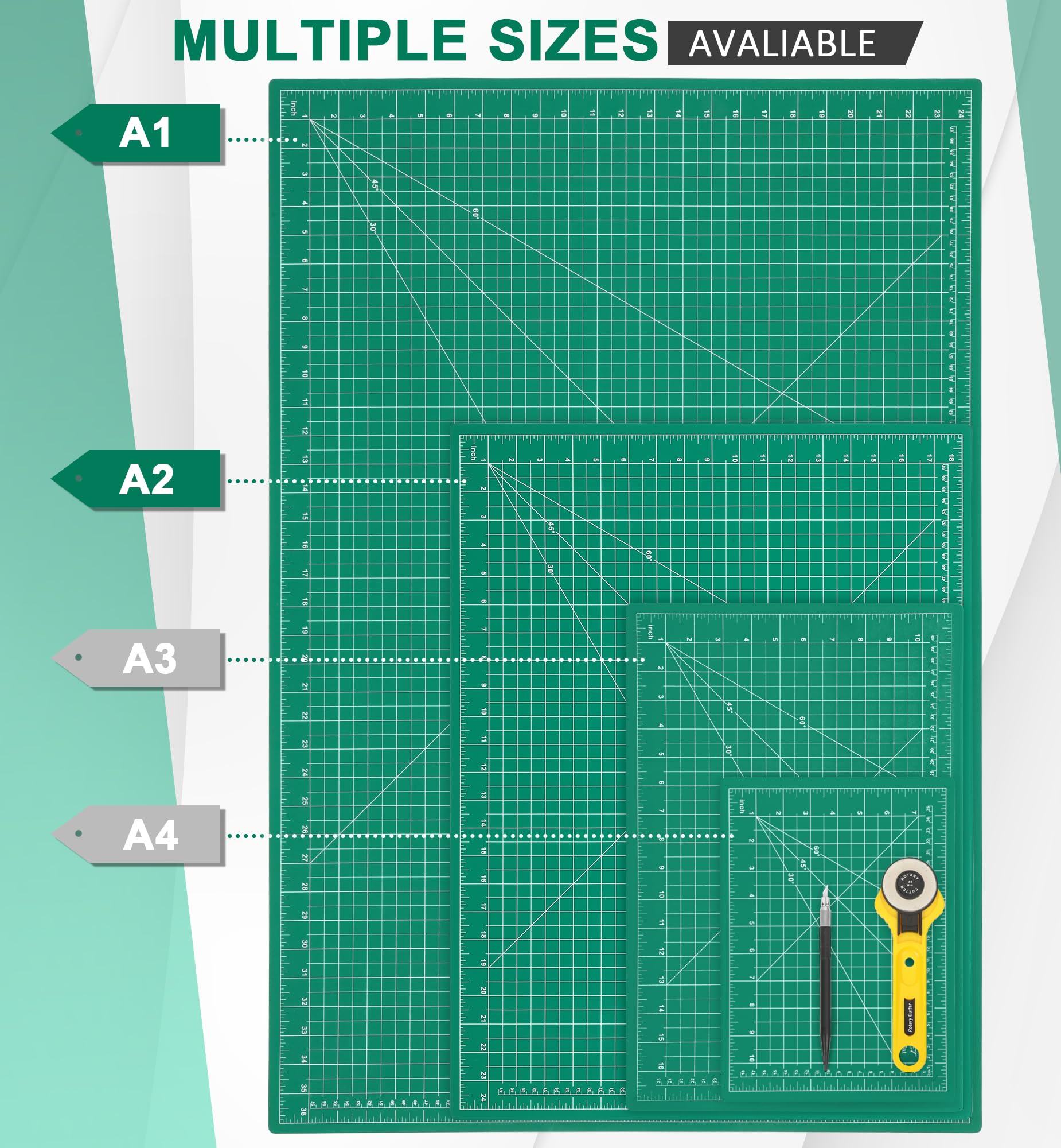 Density-upgraded 24" x 36" Large Self Healing Sewing Mat, Idemeet Rotary Cutting Mat 5 Play Cut Board for Crafts Hobby Project, Scale Size 24" x 36", A1, Green