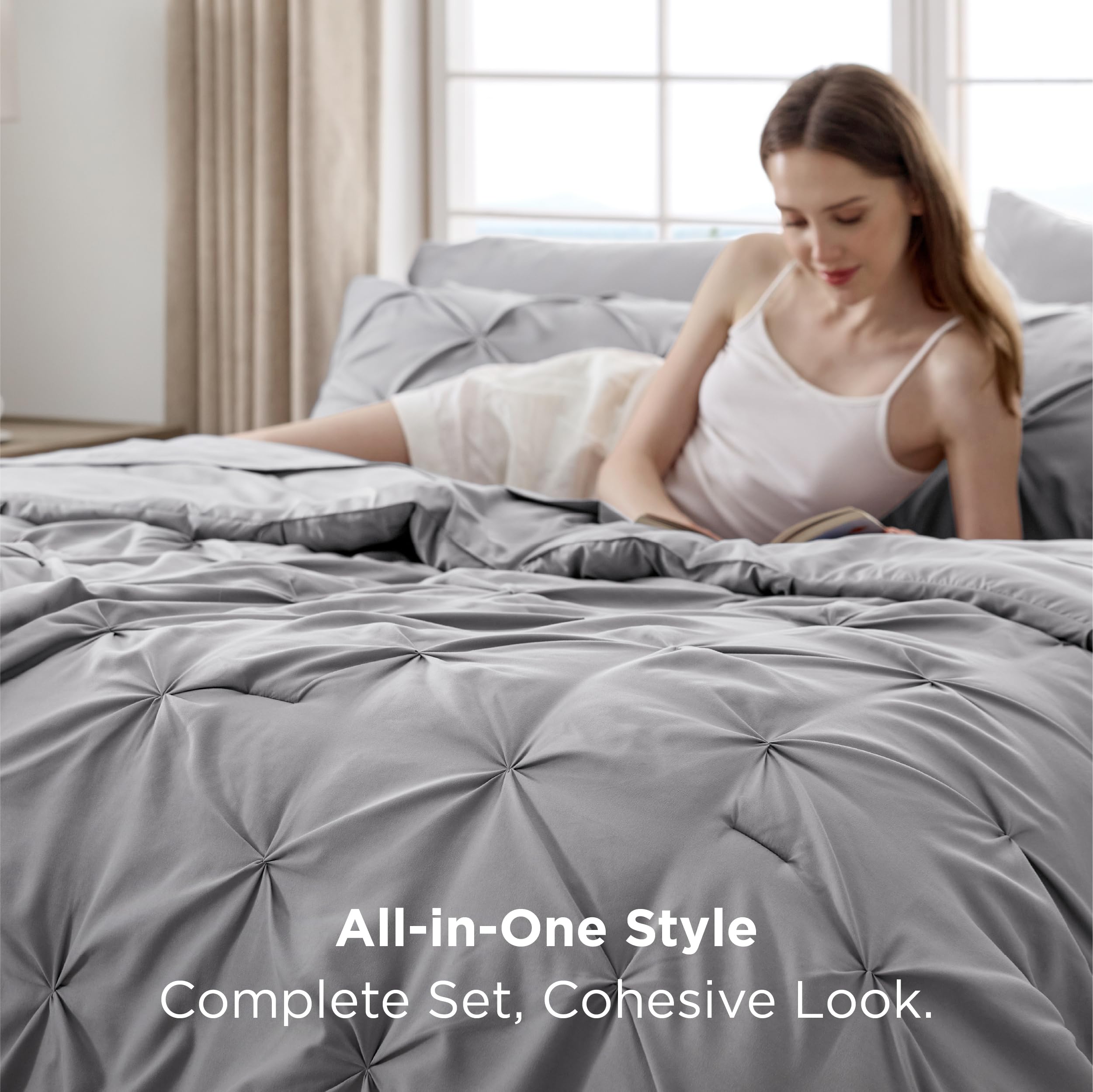 Bedsure King Size Comforter Set - Bedding Sets King 7 Pieces, Pintuck Bed in a Bag Grey Bed Set with Comforter, Sheets, Pillowcases & Shams