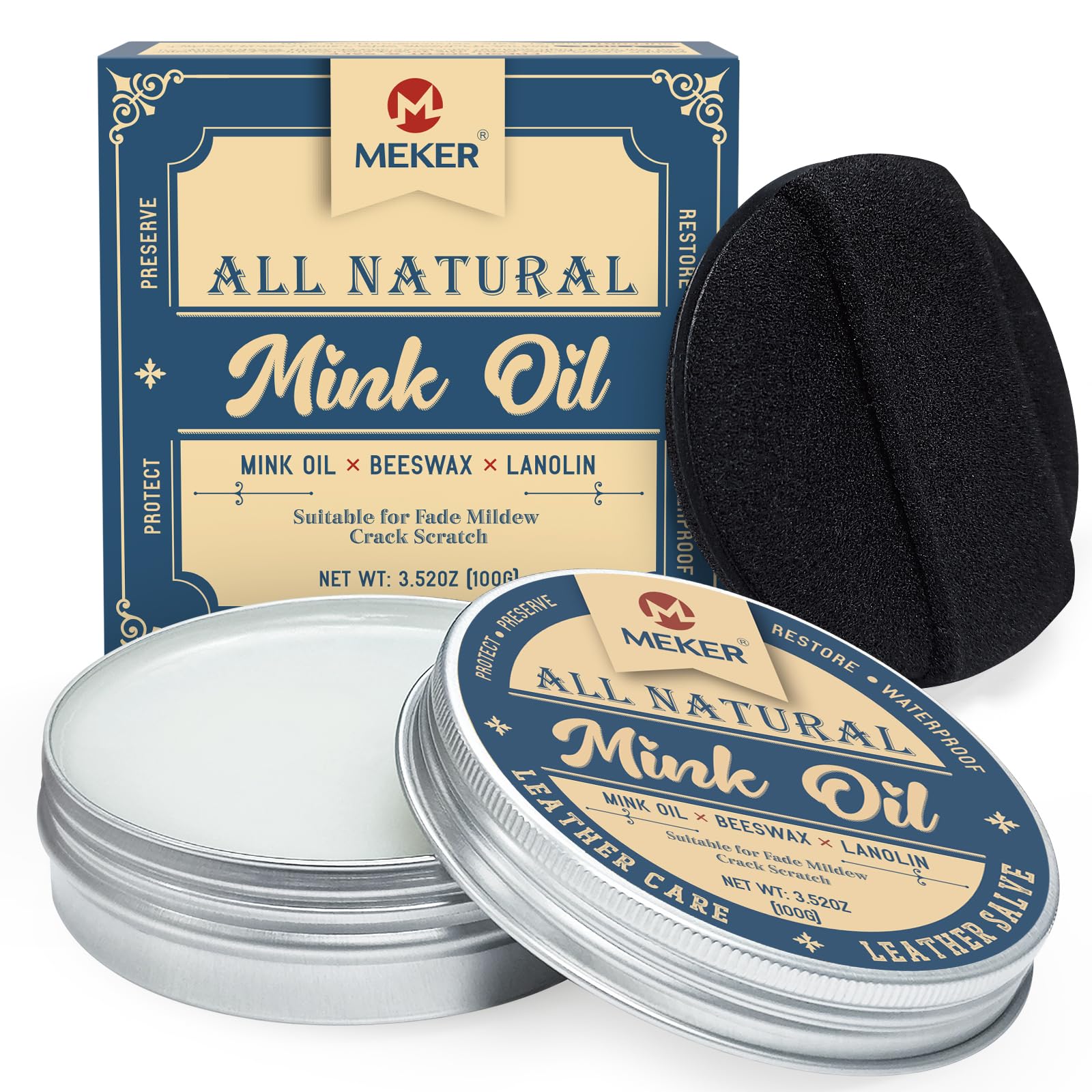 MEKER Mink Oil, Mink Oil for Leather Boots, All-Natural Leather Conditioner with Sponge, Restore Shoes, Jackets, Hats, Baseball Gloves, Saddles and Harnesses, 3.52oz