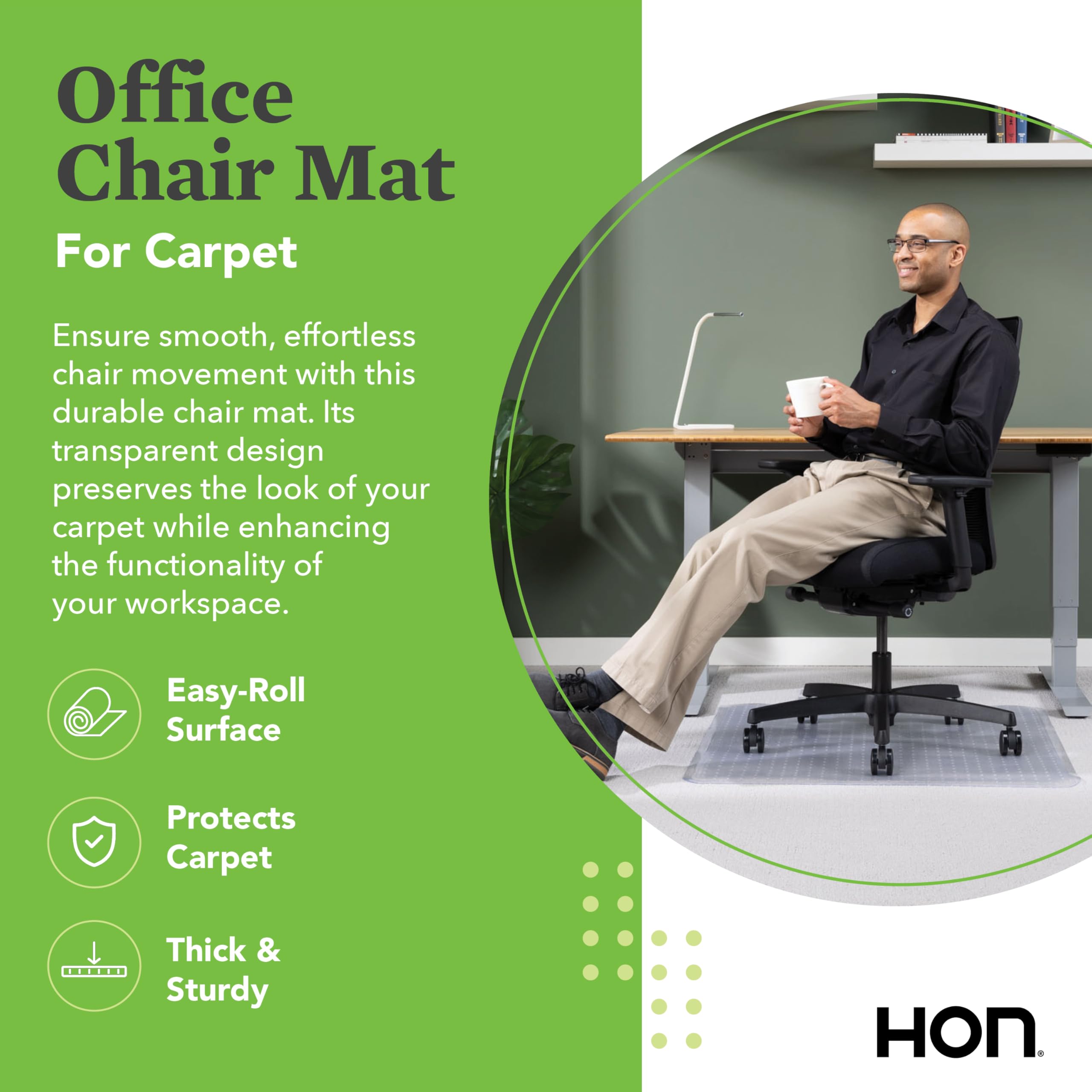 HON Office Chair Mat for Carpet, Computer Desk Chair Mat for Carpeted Floors, Easy Glide for Office or Home with Extended Lip (36” x 48”)