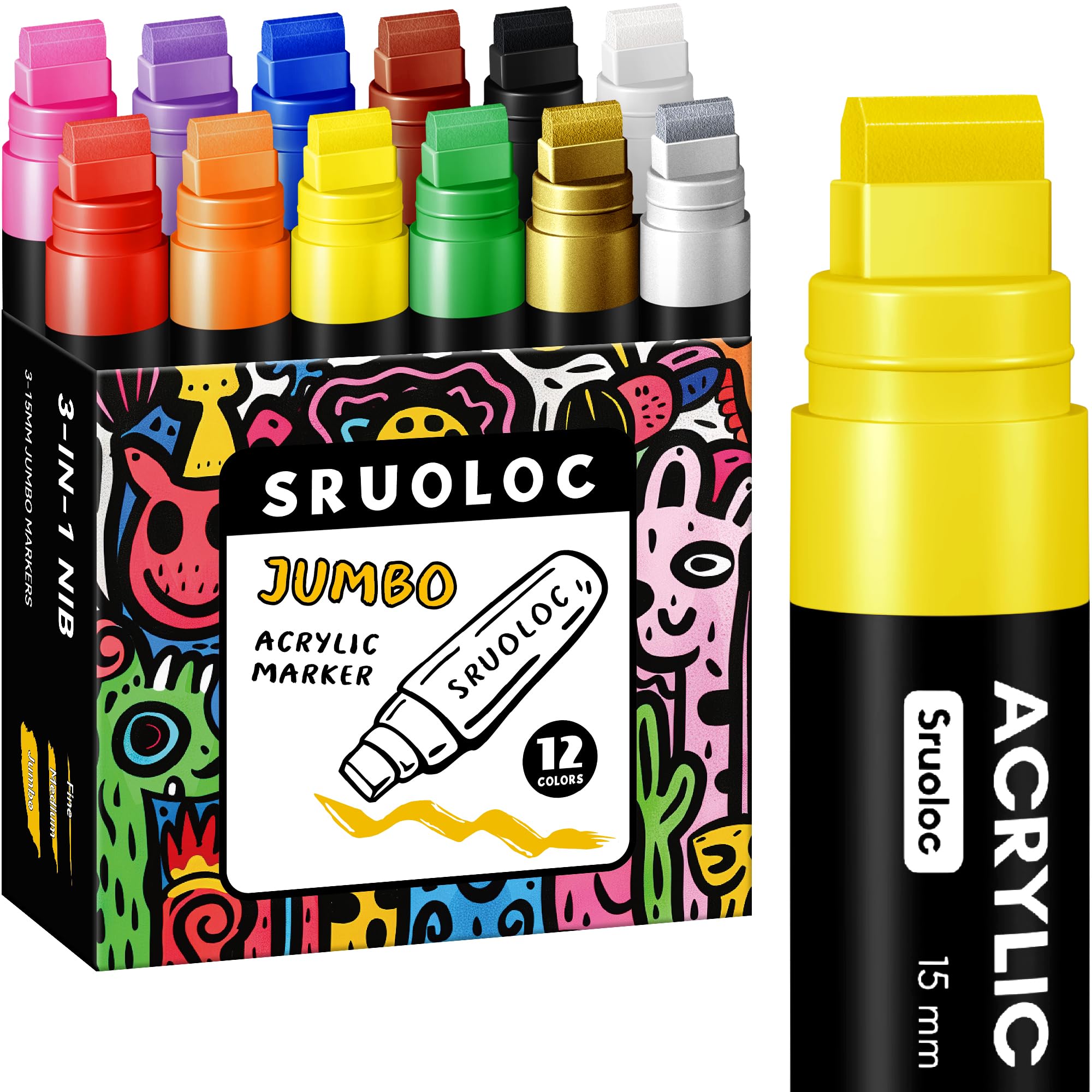 SRUOLOC 12 Farben Jumbo Marker, 15mm Jumbo Filzspitze, Acrylfarbstifte für Steinbemalung, Poster, Stein, Keramik, Glas, Holz, Leinwand
