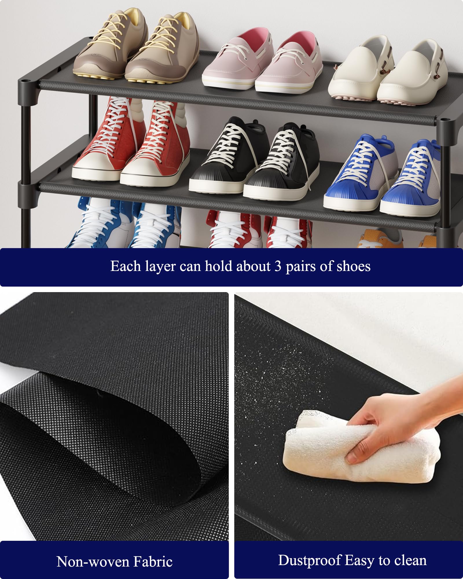 Kitsure Shoe Rack - Non-Woven Shoe Rack Shelf, Shoe Organizer for Closet, Entryway, Garage & Corridor, Stackable Shoe Shelves, 27.5" Wide - 3 Tier, Black