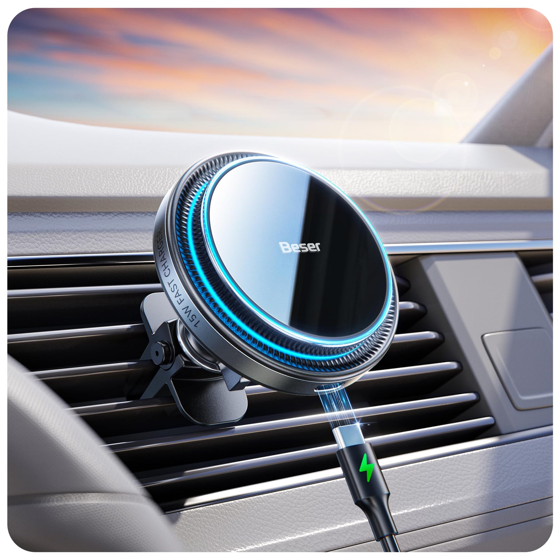 Beser 15W for MagSafe Car Mount Charger, (3.81 lbf) Magnetic Qi Wireless Car Charger, Vent/Dashboard, Phone Holder Mount for iPhone 16/15/14/13/12 Series, Fast Charging, Aluminium, Black