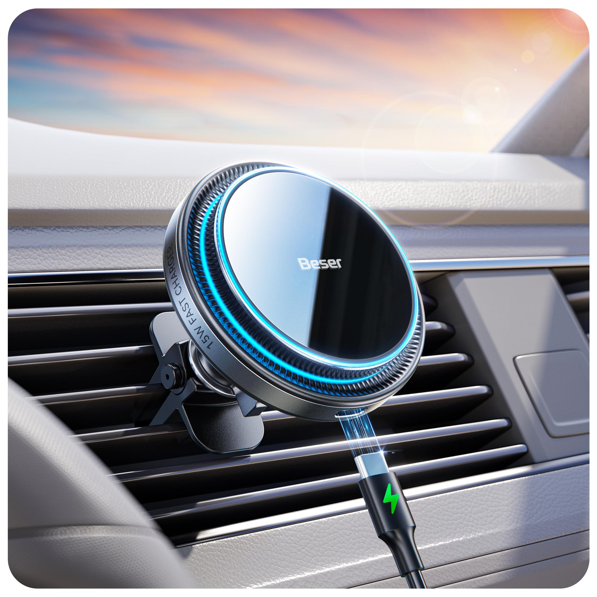 Beser 15W for MagSafe Car Mount Charger, (3.81 lbf) Magnetic Qi Wireless Car Charger, Vent/Dashboard, Phone Holder Mount for iPhone 16/15/14/13/12 Series, Fast Charging, Aluminium, Black