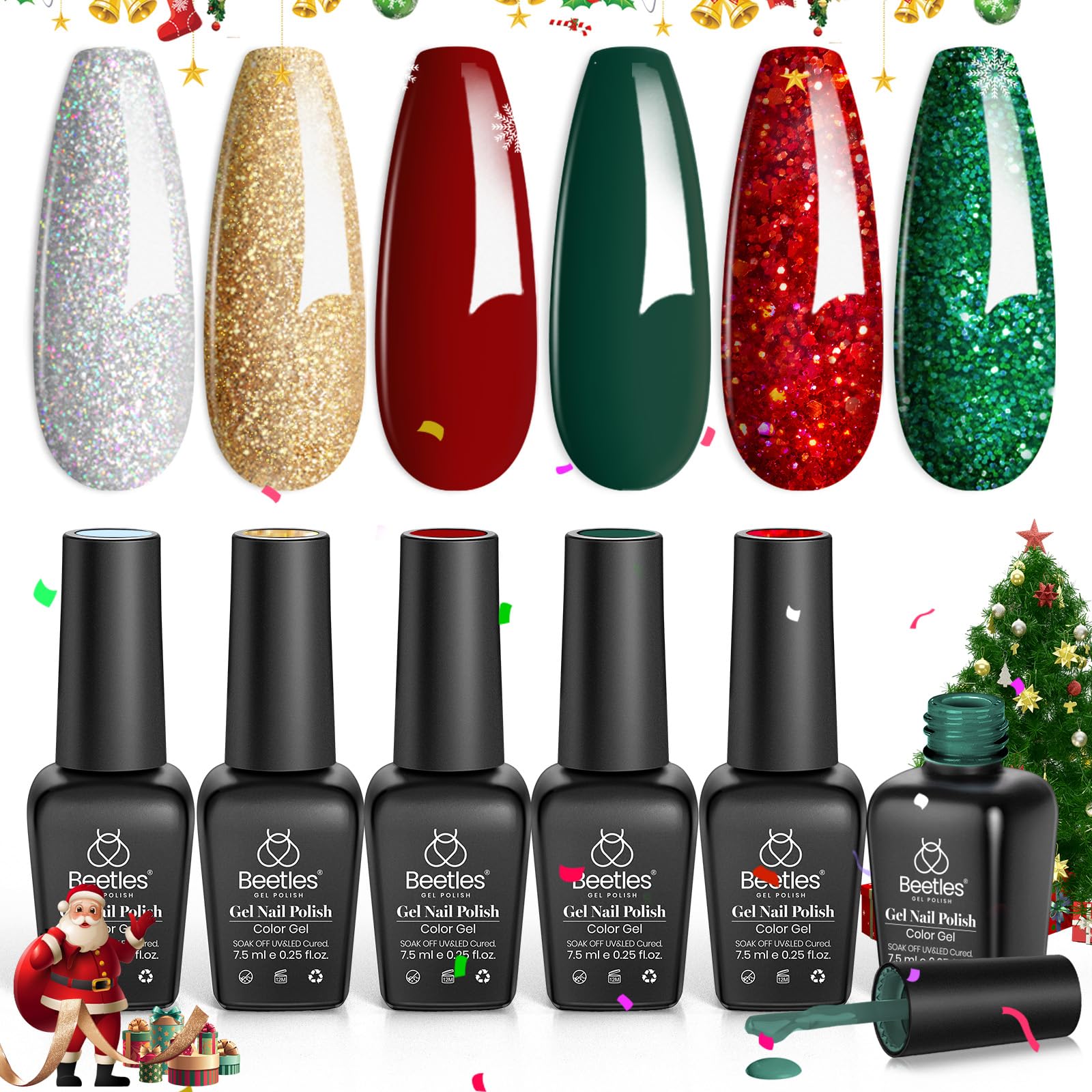 Beetles Christmas Gel Nail Polish, Red Sparkle Green Glitter Gold Silver Winter Gel Polish Dark Green Dark Red Gel Polish Kits Soak Off Nail Lamp Uv LED Cured for Nail Art Design for Women