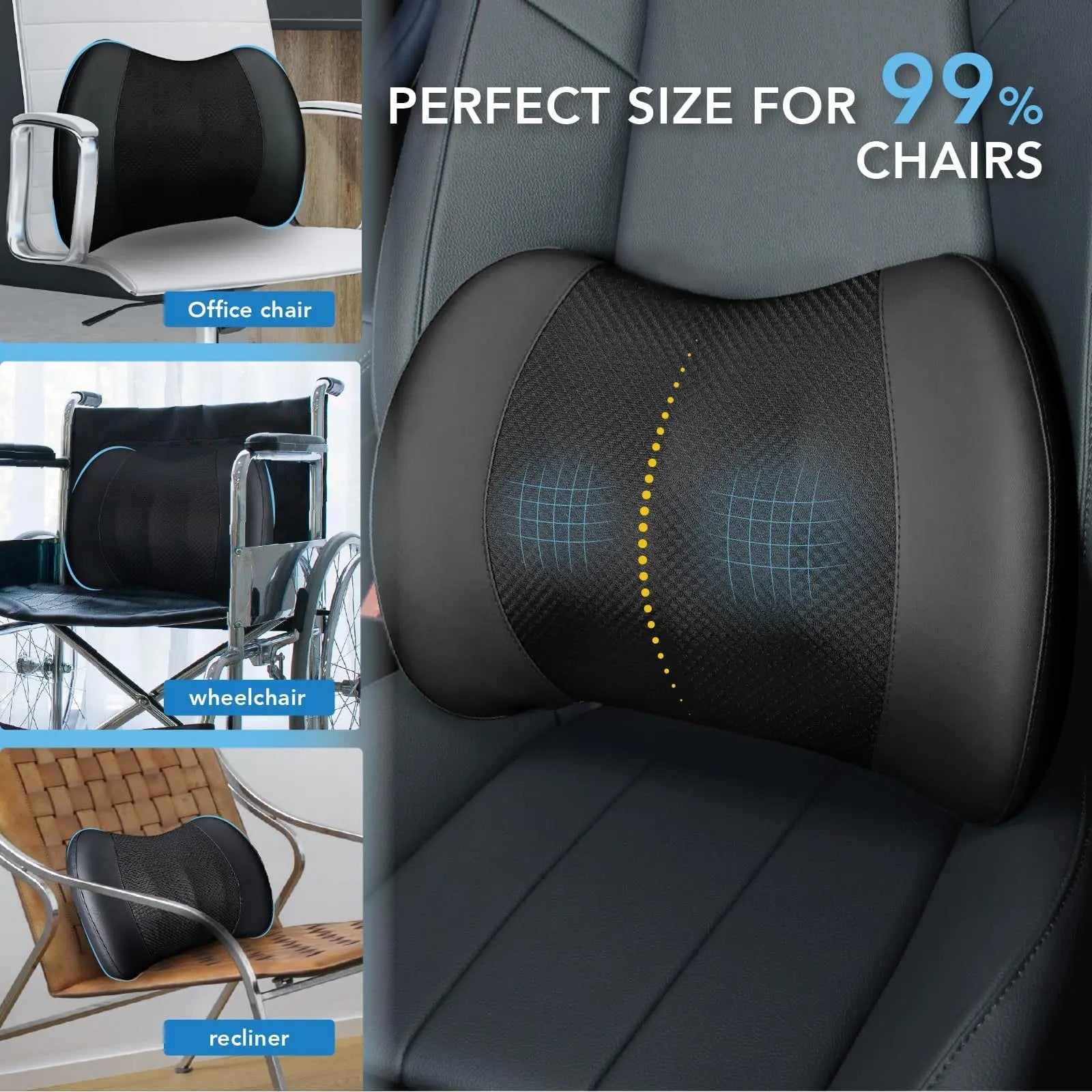 Lumbar Support Pillow for Car, Memory Foam Lumbar Pillow for Lower Back Pain Relief - Back Cushion for Driving, Chair Support for Car-Office Chair, Wheelchair - Black