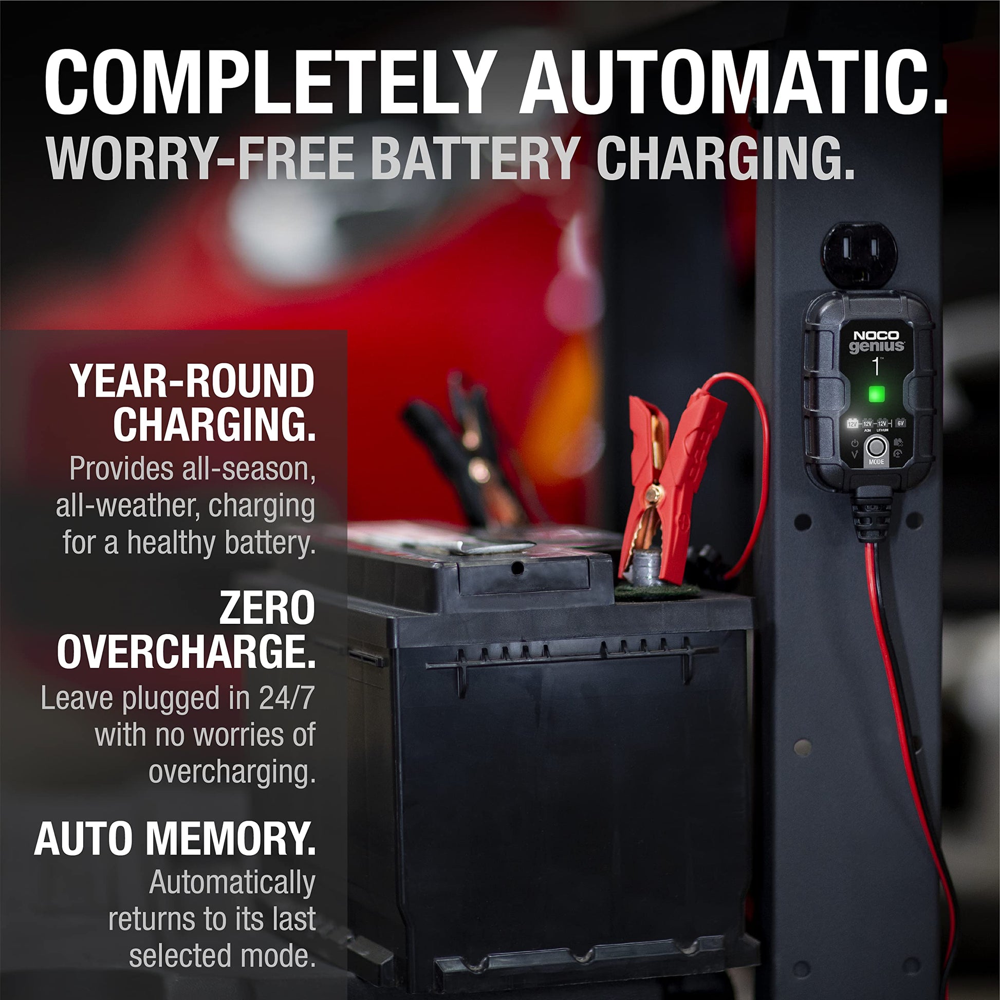 NOCO GENIUS1: 1A 6V/12V Smart Battery Charger – Automatic Maintainer, Trickle Charger & Desulfator with Overcharge Protection & Temperature Compensation – For Lead-Acid & Lithium Batteries