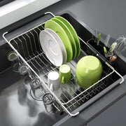 JASIWAY Dish Drying Rack in Sink, Expandable Stainless Steel Dish Drainers for Kitchen Counter, Dish Dryer Rack for Inside Sink, Over The Sink Dish Racks with Utensil Holder, Silver